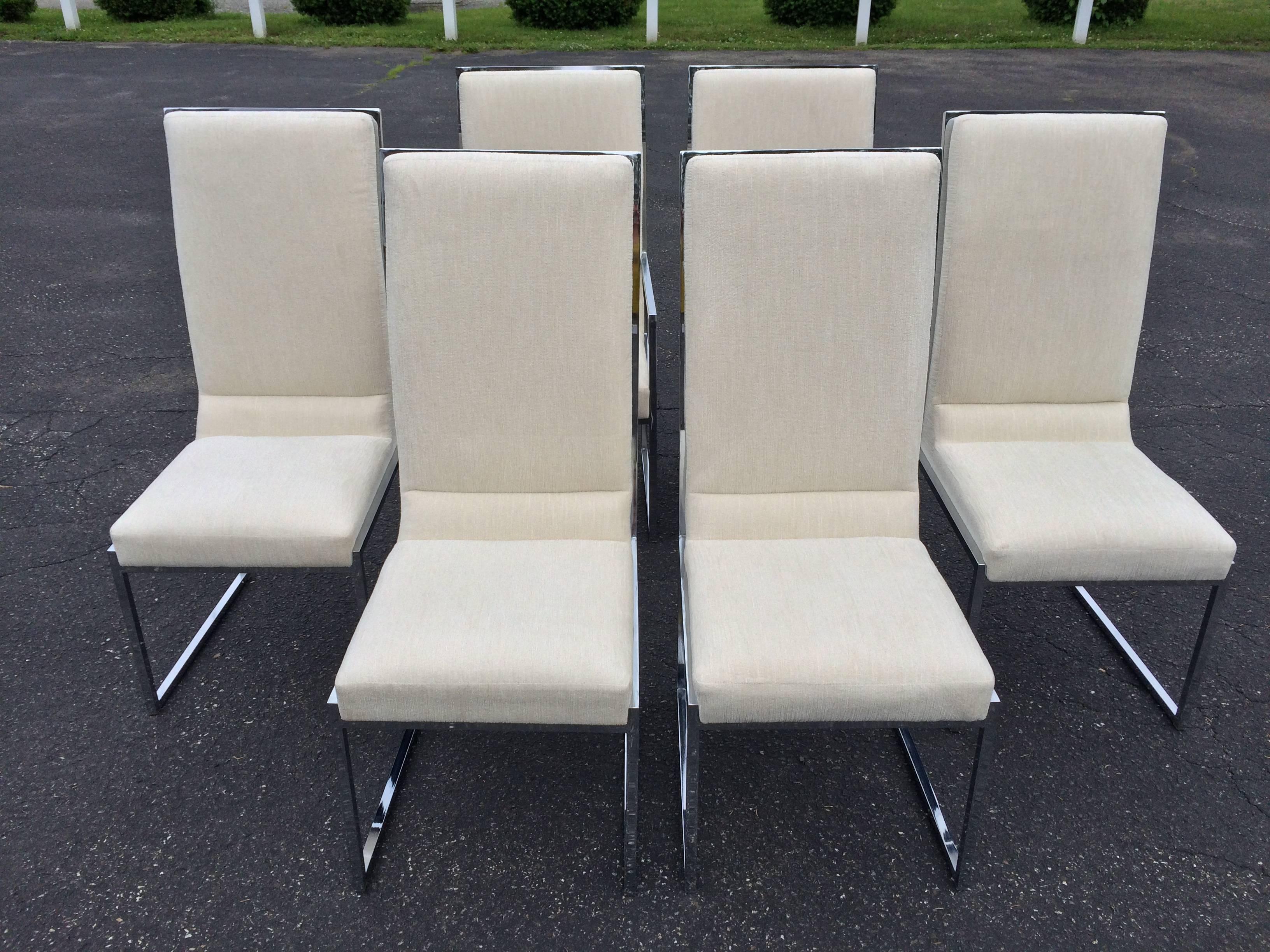 Chenille Set of Six Chrome DIA Dining Room Chairs Attributed to Milo Baughman