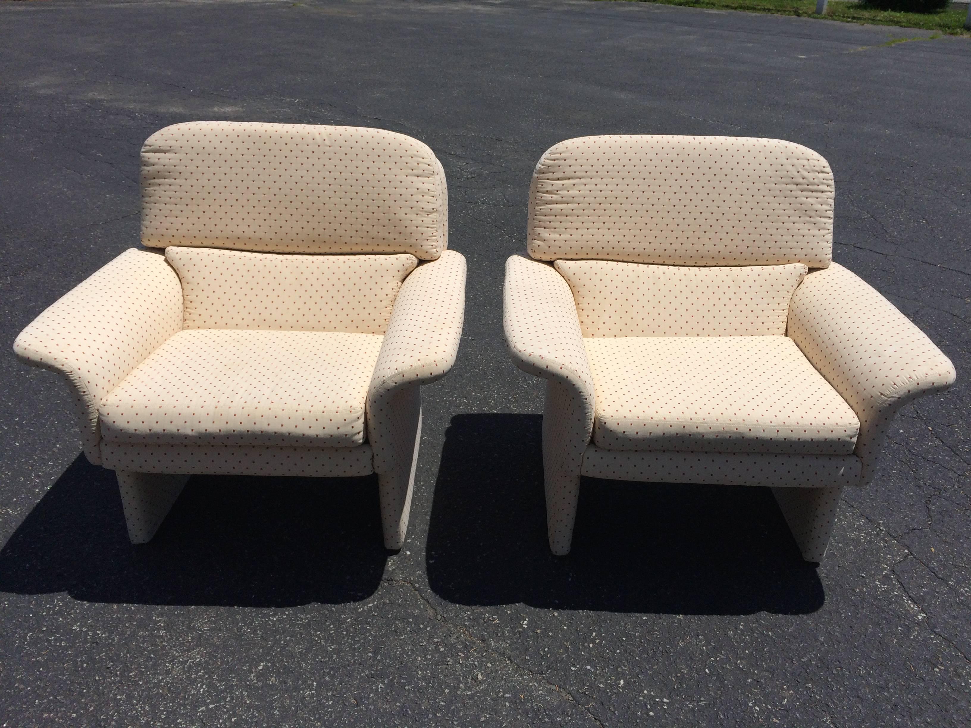 Pair of 1980's Saporiti Style Modular Lounge Chairs.. Super comfortable with a modern flair. Seat cushions are removable but back cushions are connected. Some small slight stains but fabulous modular shape. Would look great in a geometric fabric. No
