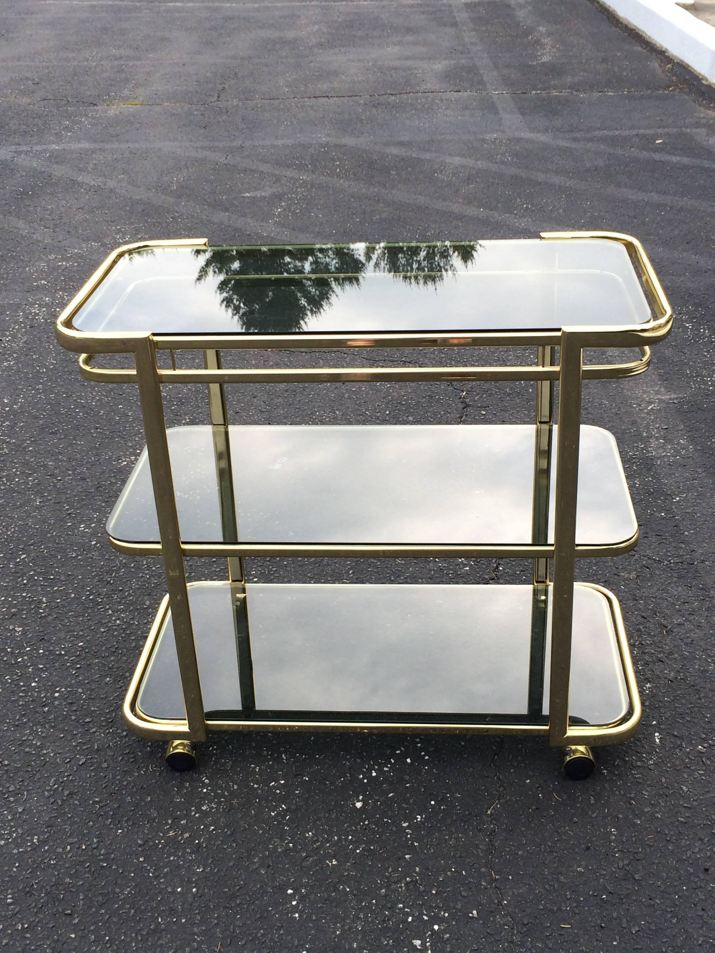 Mid-Century Modern Brass and Smoked Glass Bar Cart