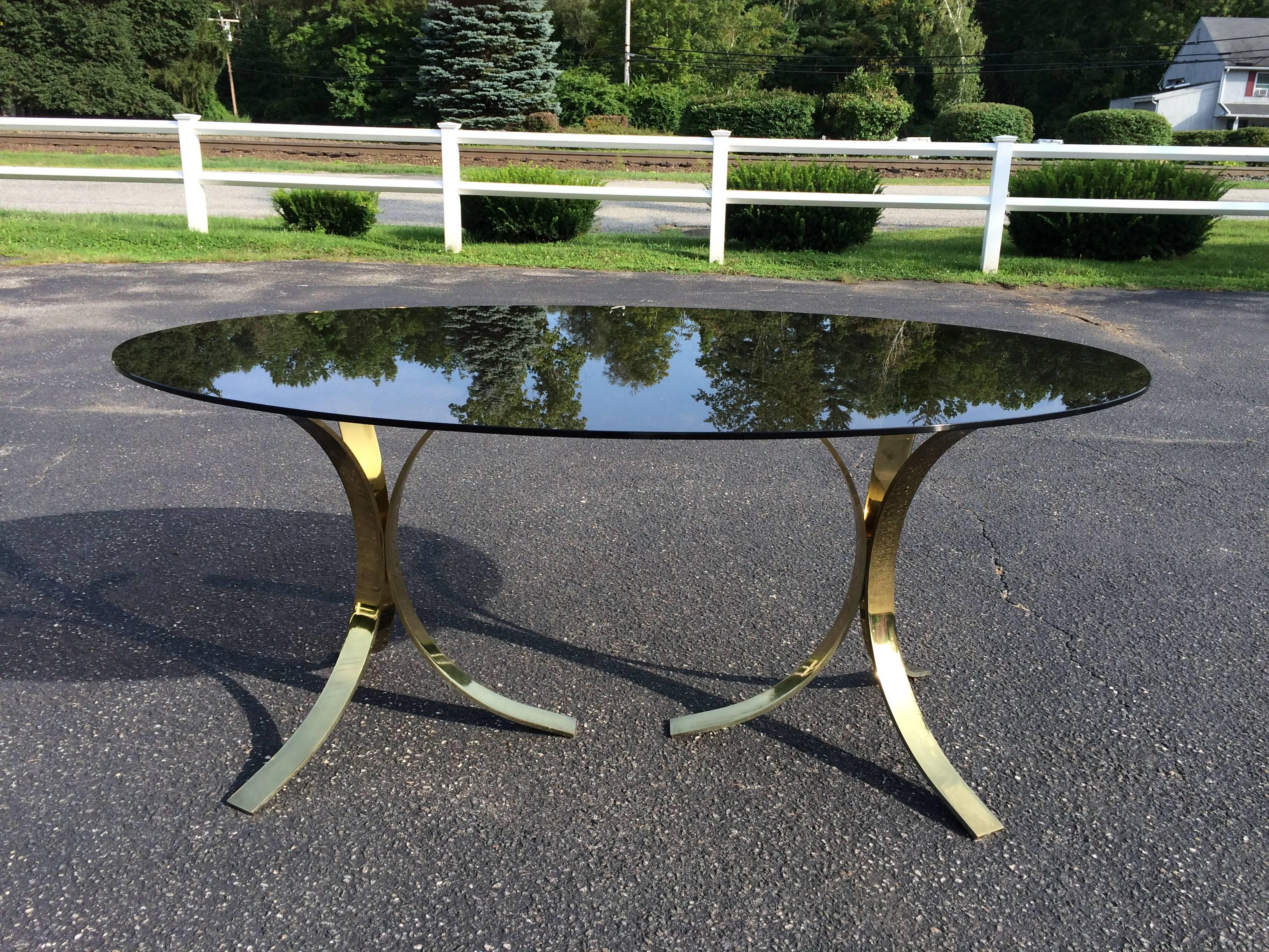 Mid-Century Modern Roger Sprunger  Brass and Smoked Glass Oval Dining Table