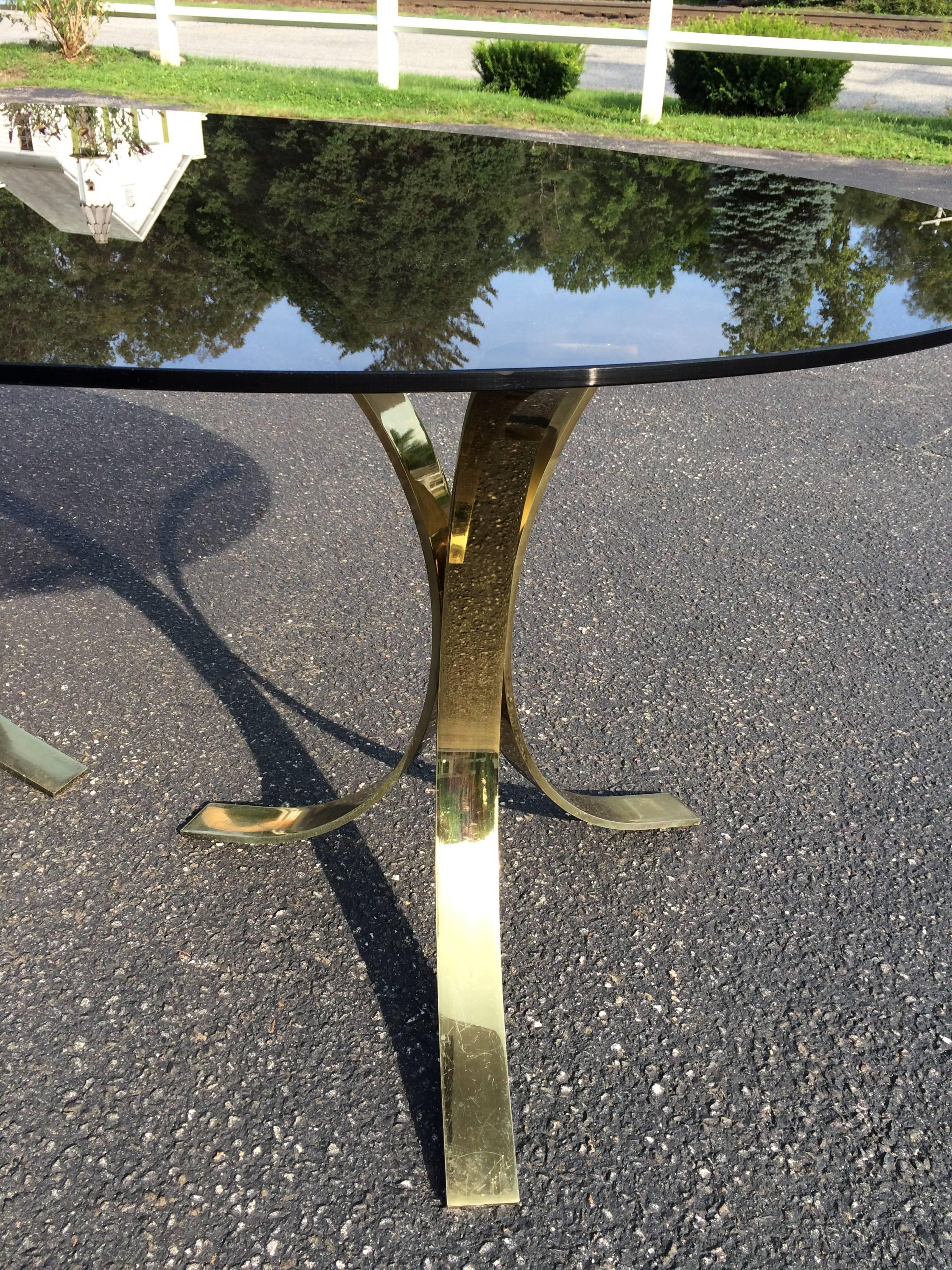 Polished Roger Sprunger  Brass and Smoked Glass Oval Dining Table