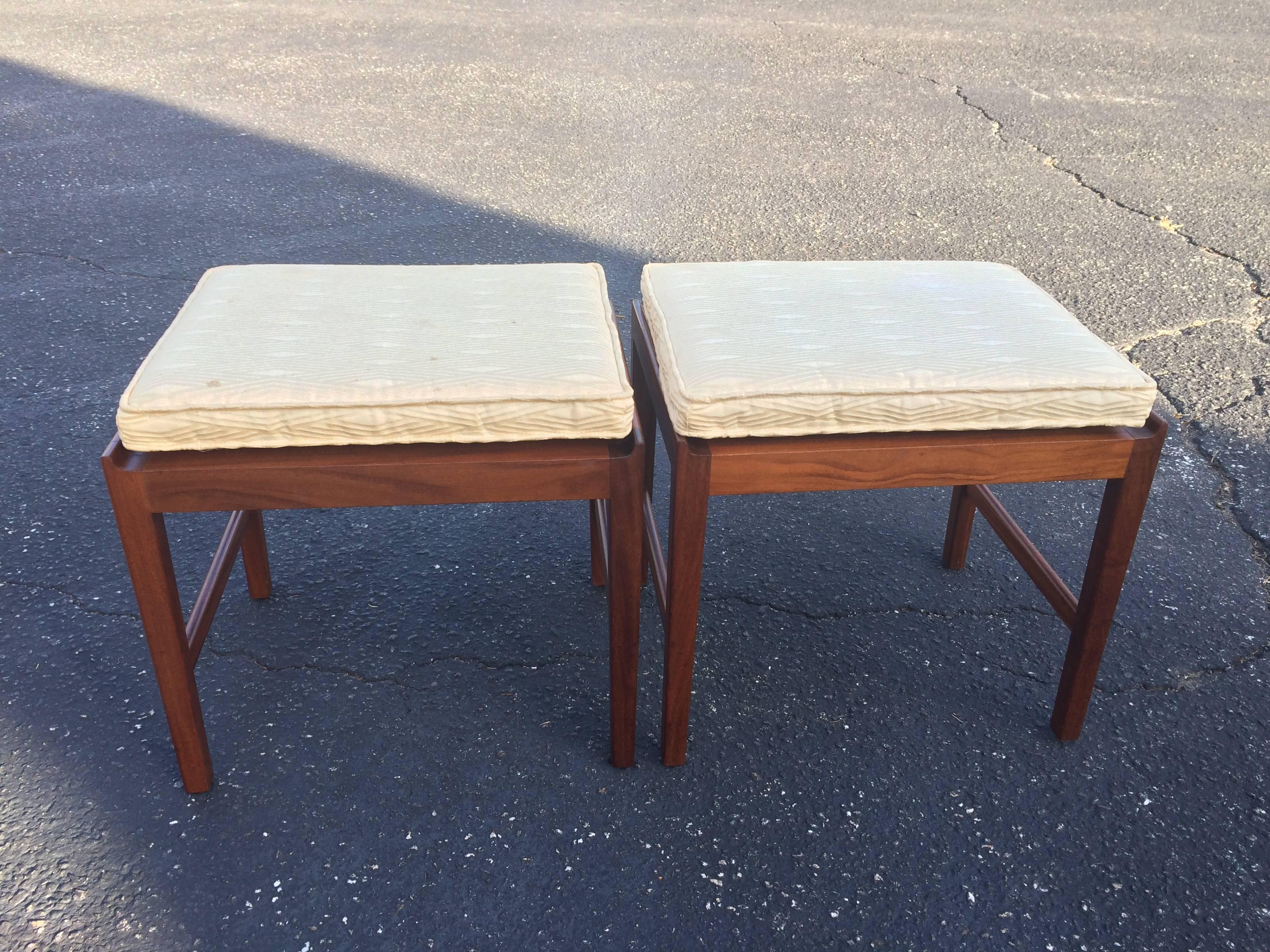 This item has SOLD
Pair of signed Swedish teak stools with cushions. Signed made in Sweden by Skaraborgs Möbelindustri Tibro. Cushions are loose . Measurements with cushions: 18 H x 14.25 D x 18.25 W. Very good condition. Cushions have some stains.