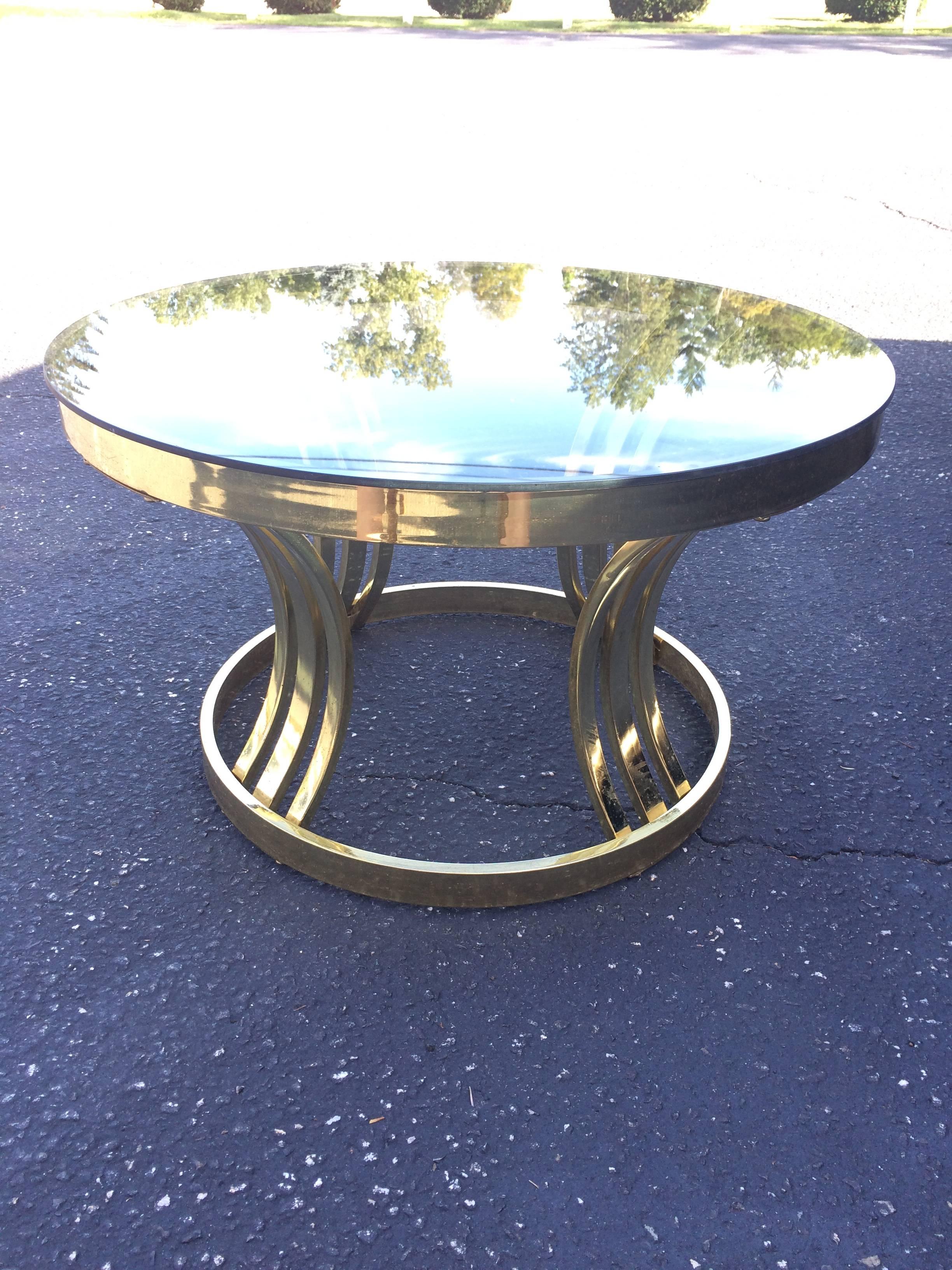 Mid-Century Modern Mid-Century Brass and Smoked Glass Round Coffee Table by Milo Baughman