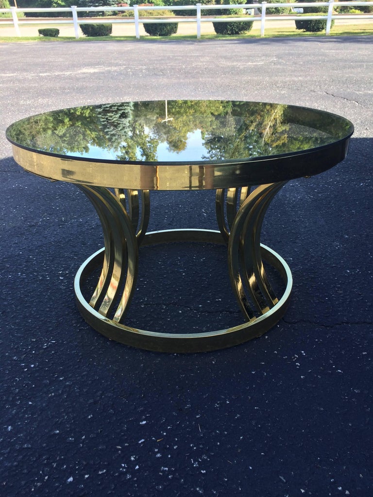 Mid-Century Brass and Smoked Glass Round Coffee Table by ...