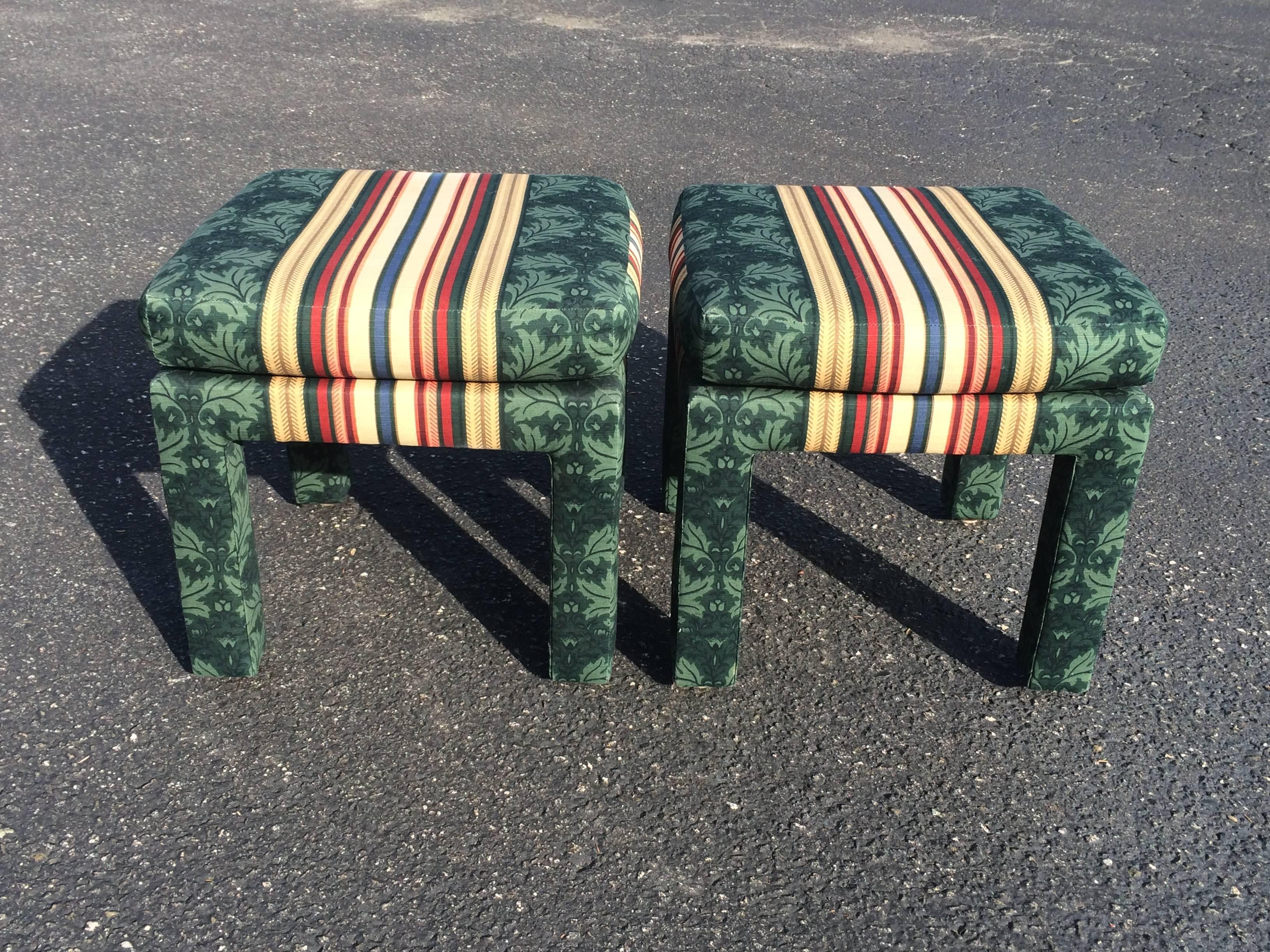 Pair of square upholstered Parsons stools. Can be recovered in a more contemporary fabric. Perfect to go under a console table. Great for a child's room as well. Fun, light and can go anywhere.