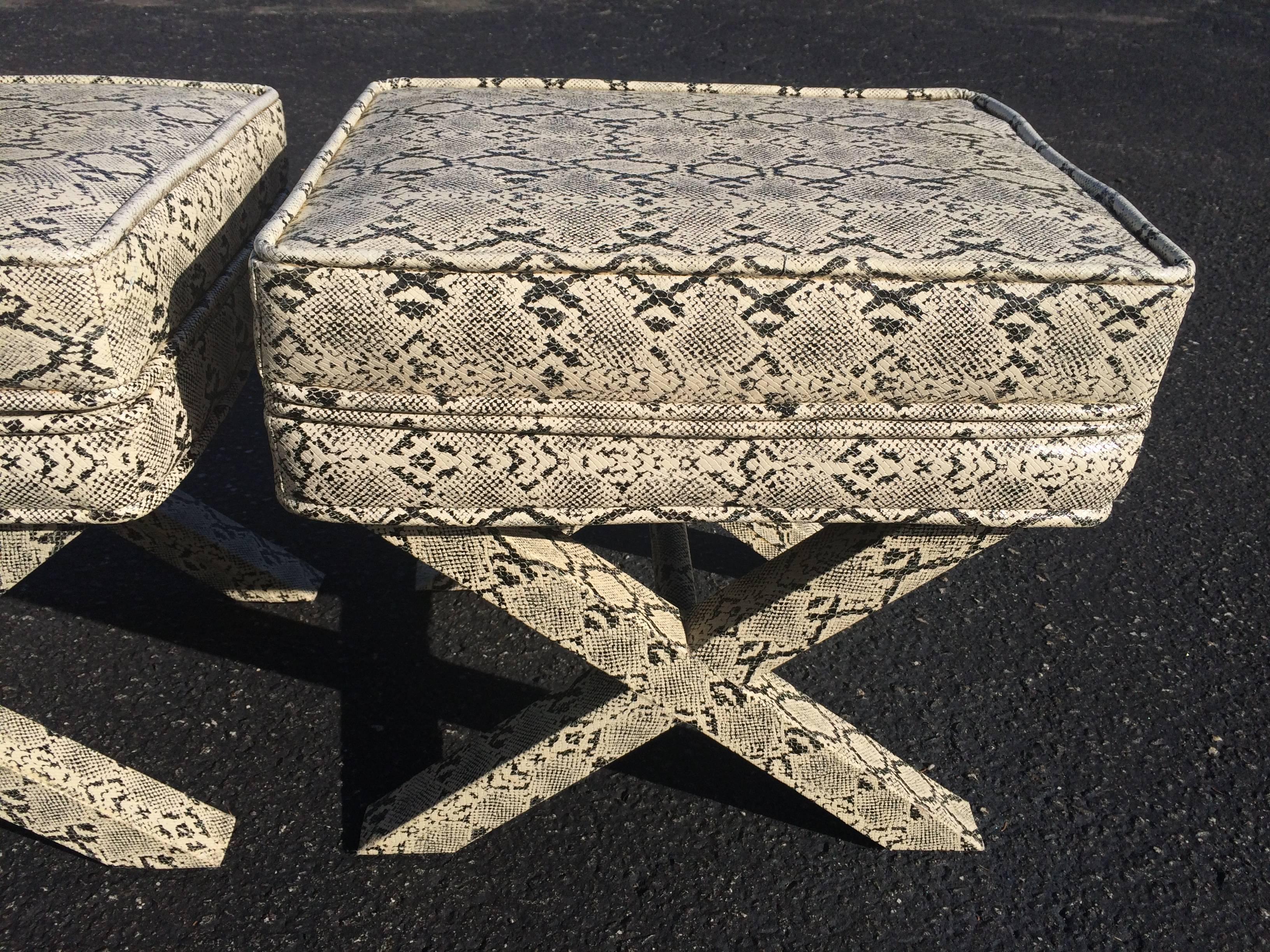 Pair of Faux Snake Skin X-Base Stools In Good Condition In Redding, CT