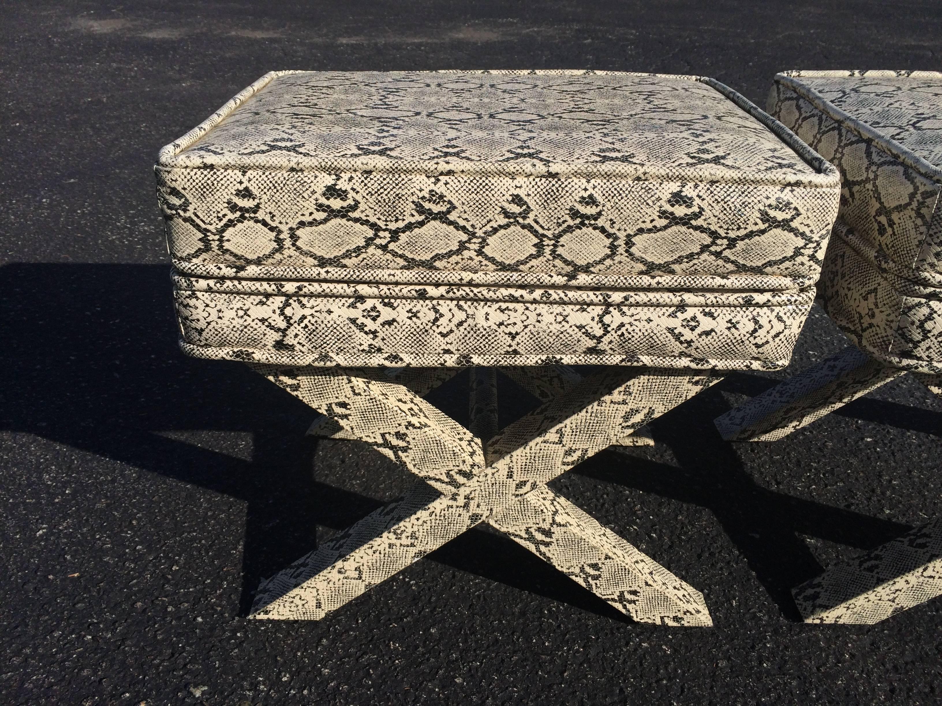 Late 20th Century Pair of Faux Snake Skin X-Base Stools