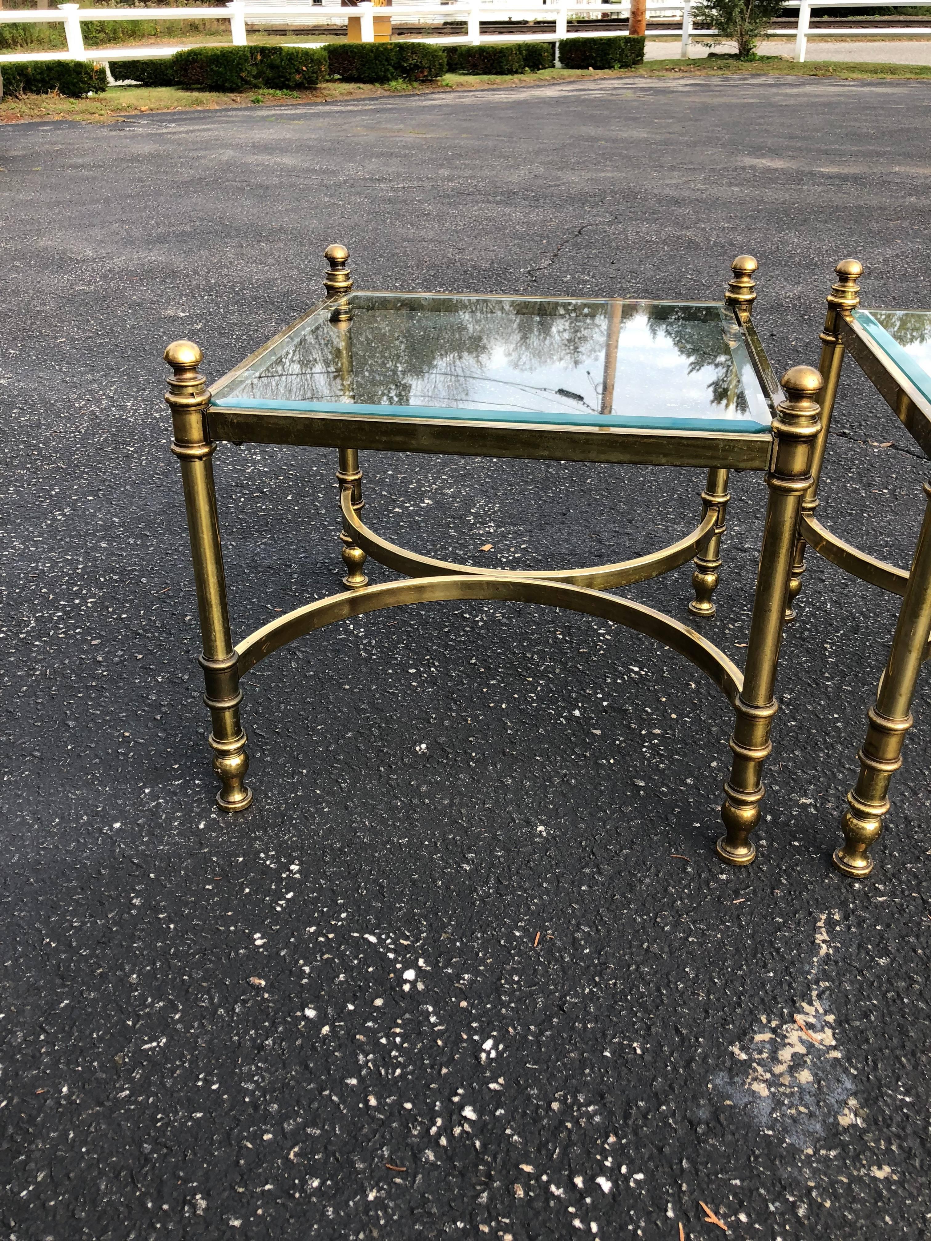 Late 20th Century Pair of Hollywood Regency Brass and Glass End /Coffee Tables