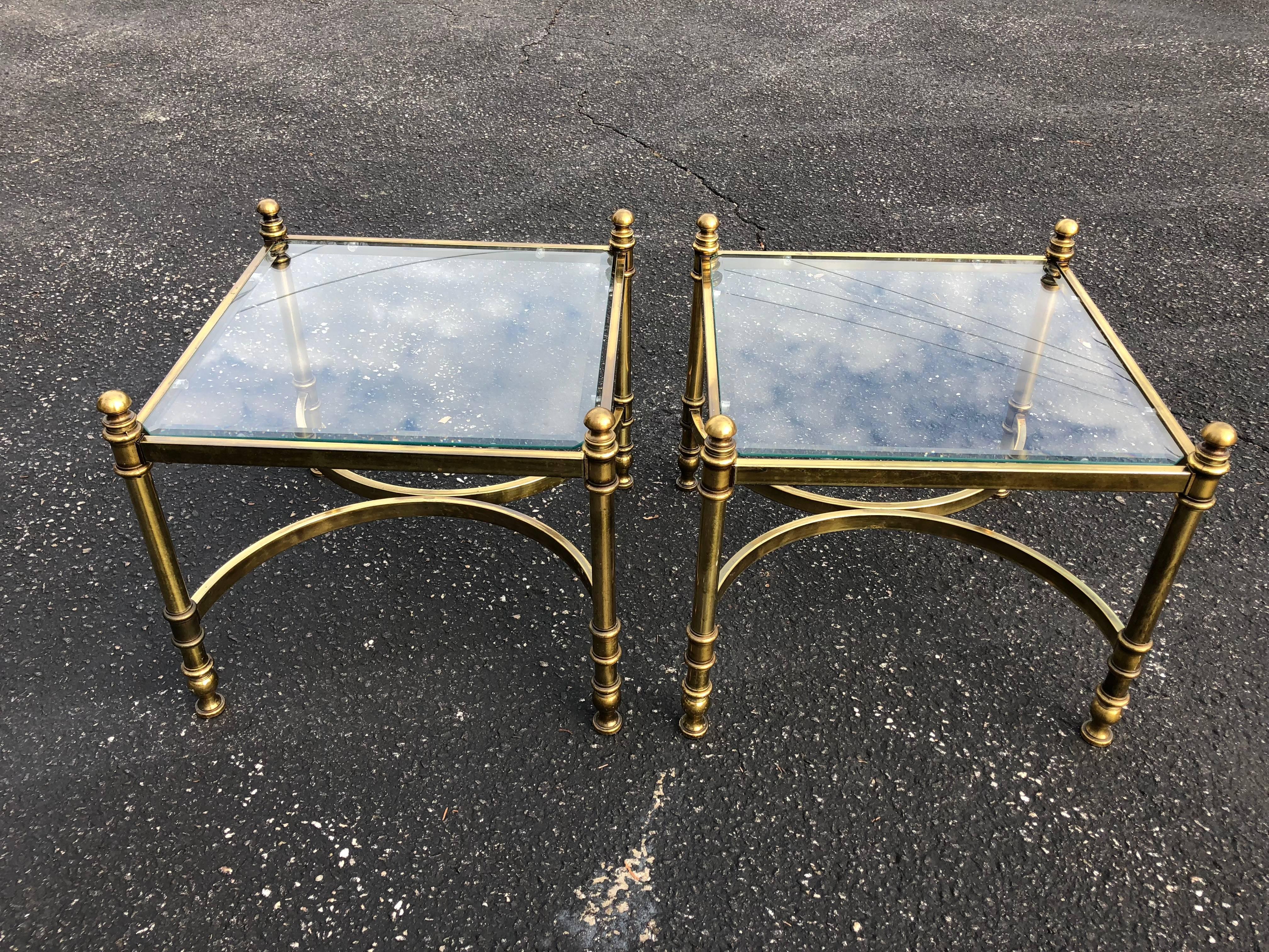 Beveled Pair of Hollywood Regency Brass and Glass End /Coffee Tables