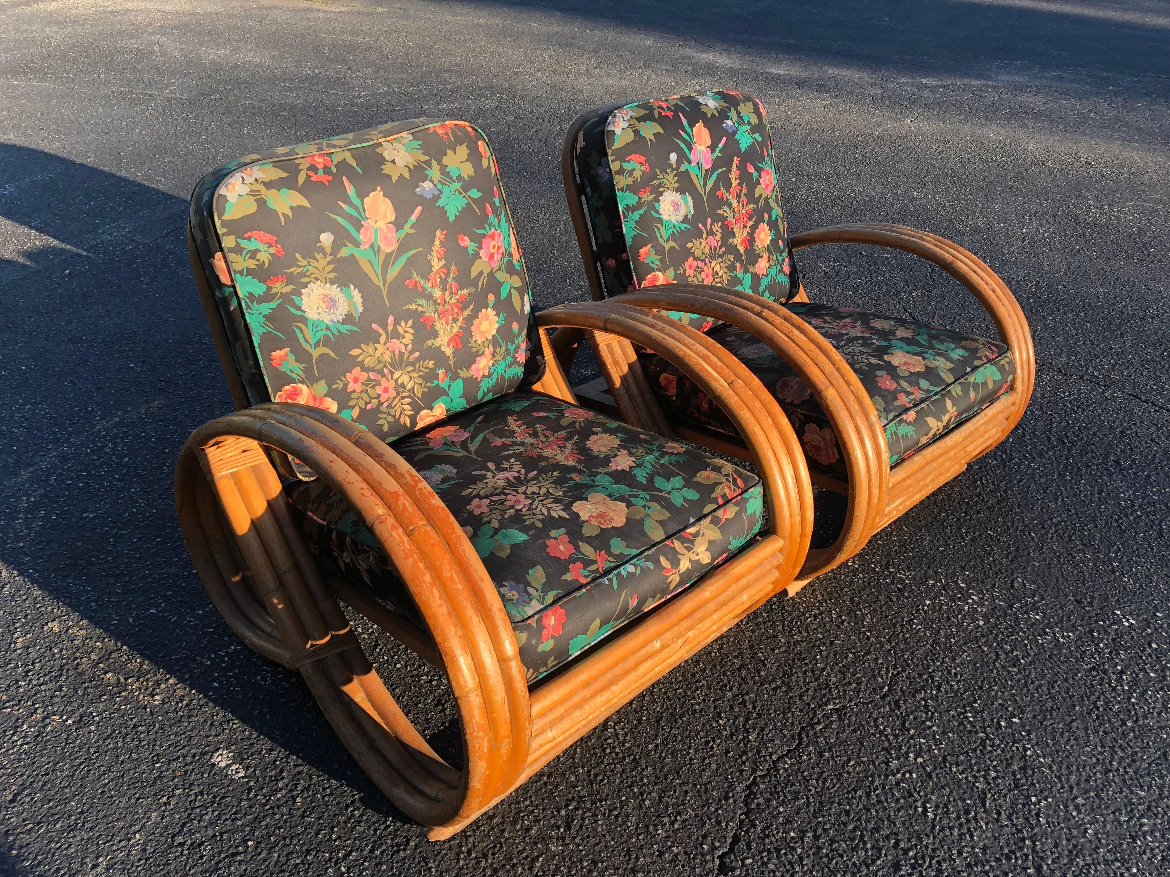 Art Deco Pair of Rattan Lounge Chairs in the Style of Paul Frankl