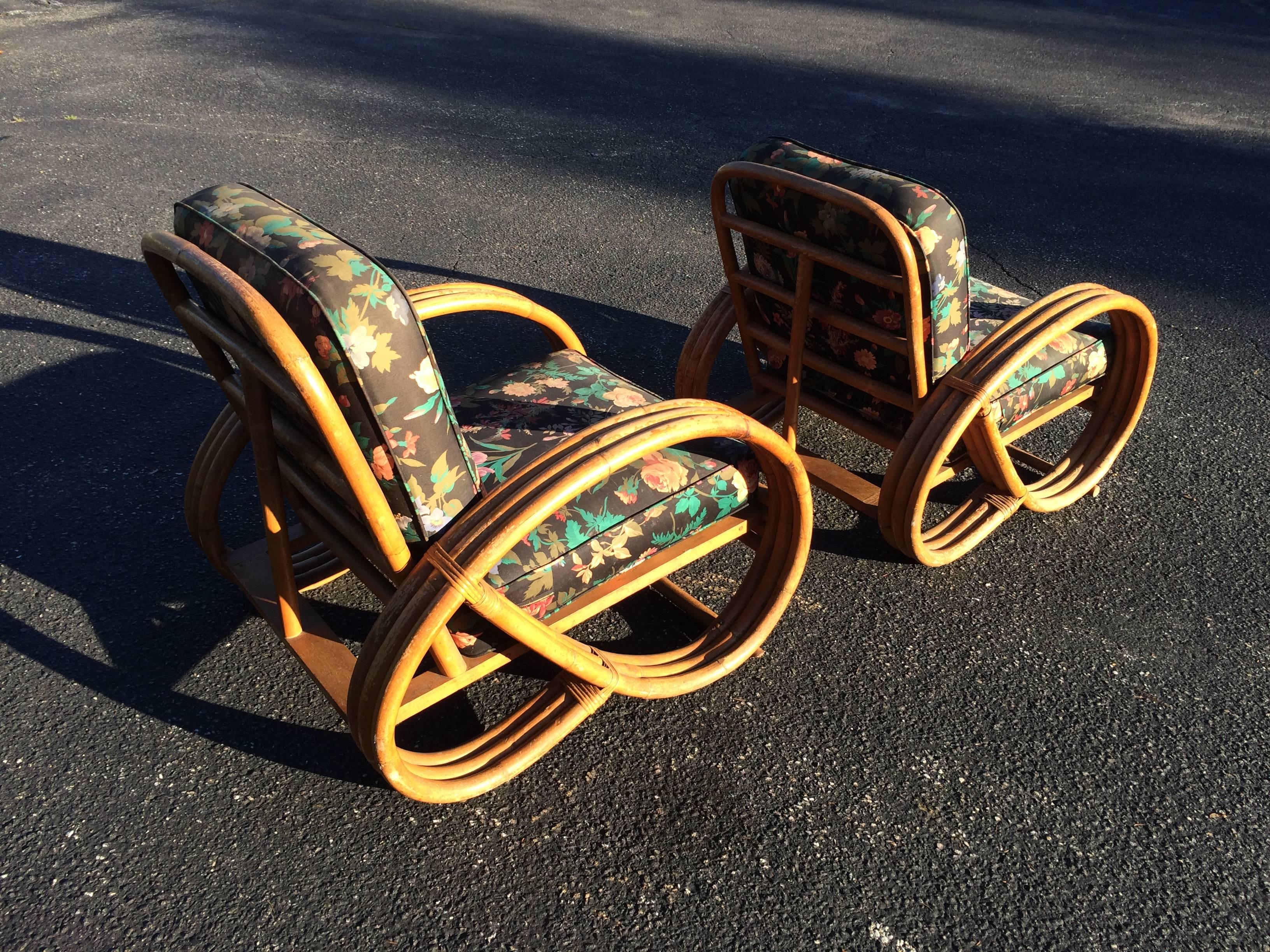 Upholstery Pair of Rattan Lounge Chairs in the Style of Paul Frankl