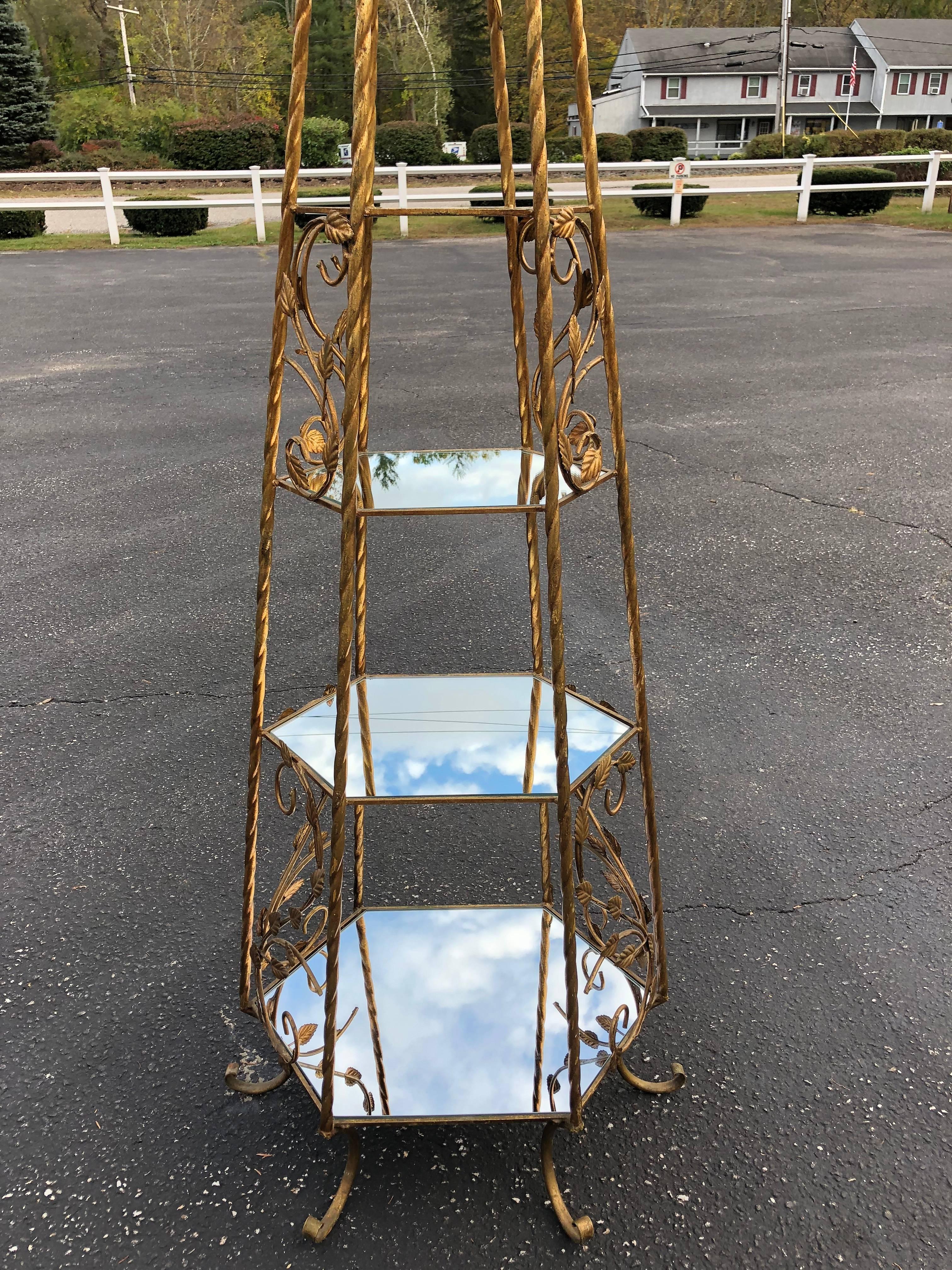 Iron Italianate Gilded Etagere with Mirrored Shelves