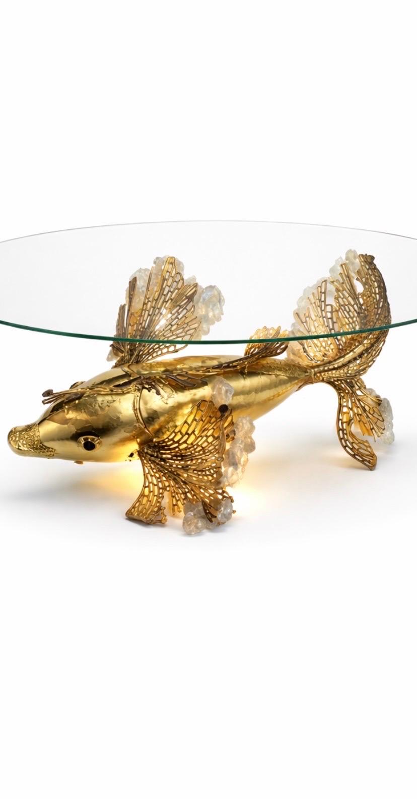 Unique Illuminated Sculptural Brass Fish Coffee Table, Isabelle & Richard Fauré For Sale