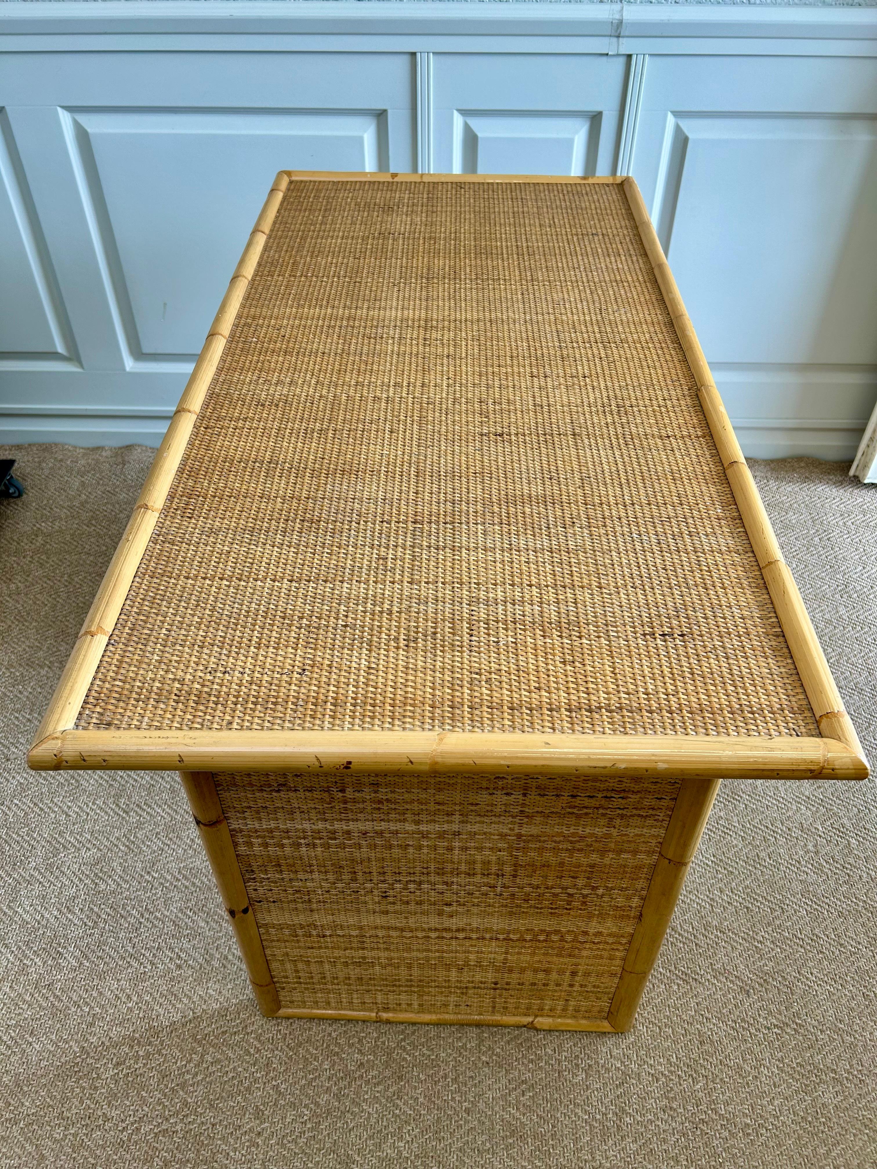 Italian Bamboo & Rattan Wicker Desk with 5 Drawers by Dal Vera, Italy, 1970's For Sale