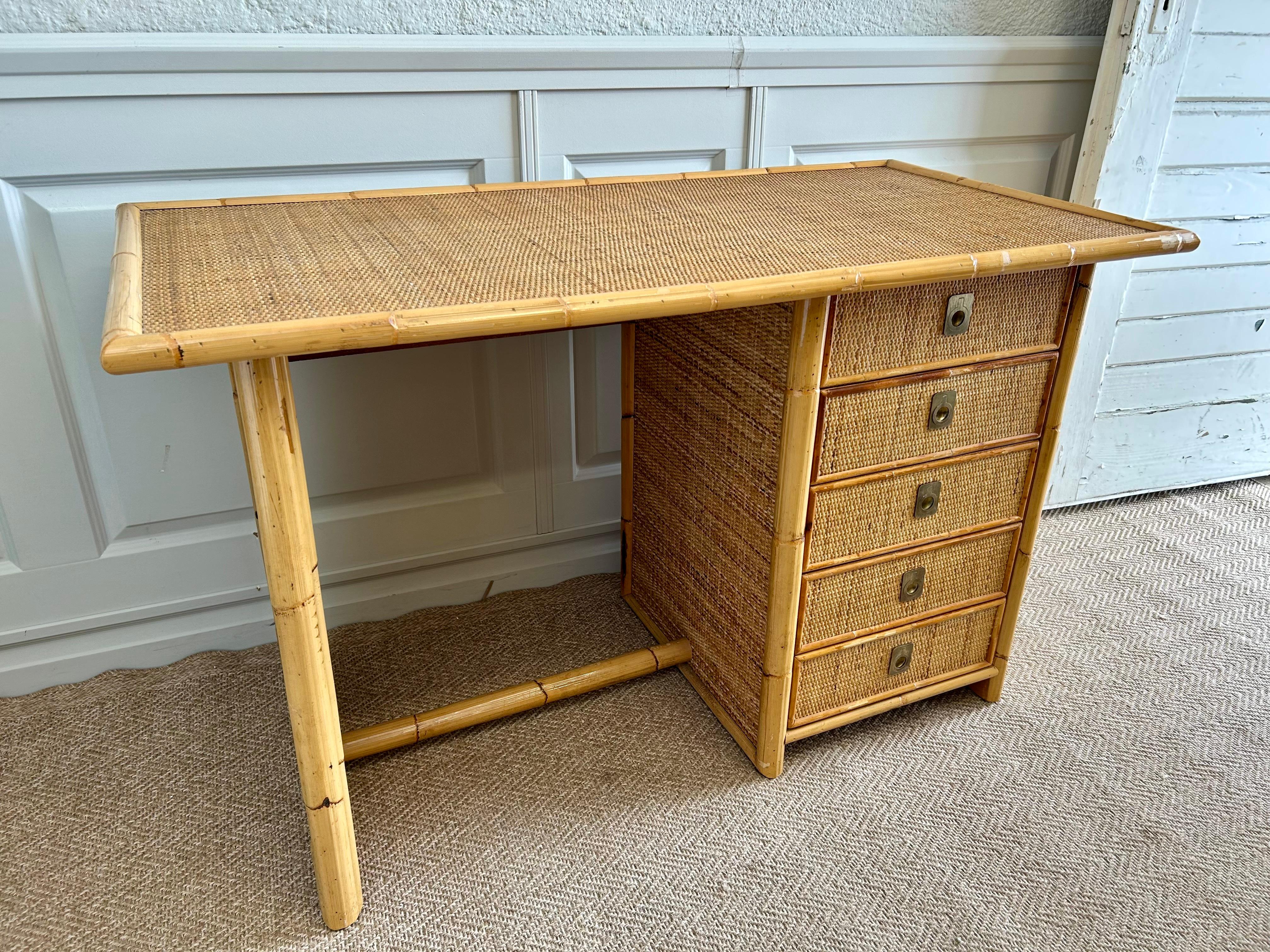 Hand-Crafted Bamboo & Rattan Wicker Desk with 5 Drawers by Dal Vera, Italy, 1970's For Sale