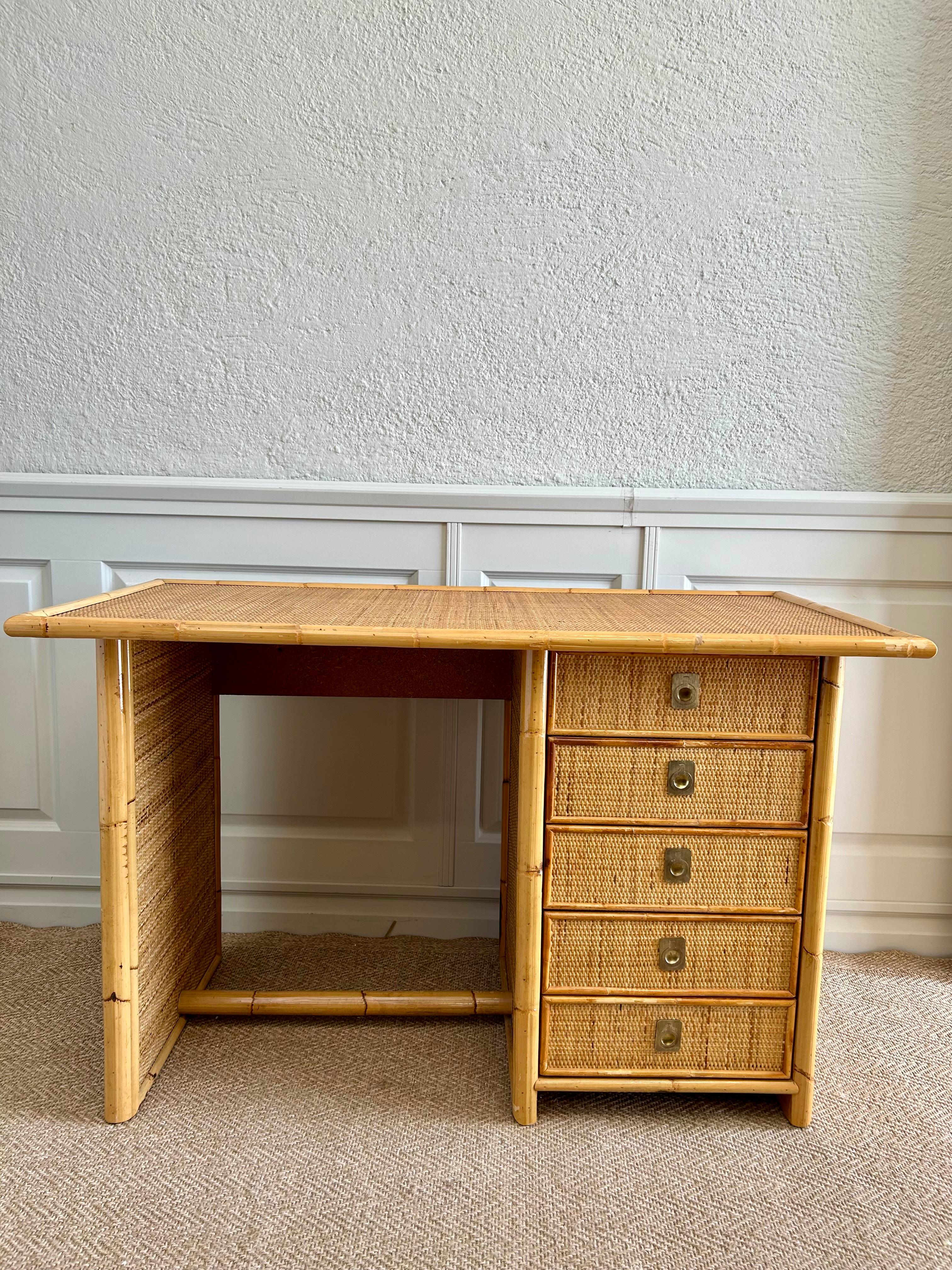 Bamboo & Rattan Wicker Desk with 5 Drawers by Dal Vera, Italy, 1970's In Good Condition For Sale In Cork, IE