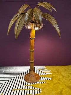 Very Large Bamboo and Rattan Palm Tree Floor Lamp, Mid-Century Modern, Darker