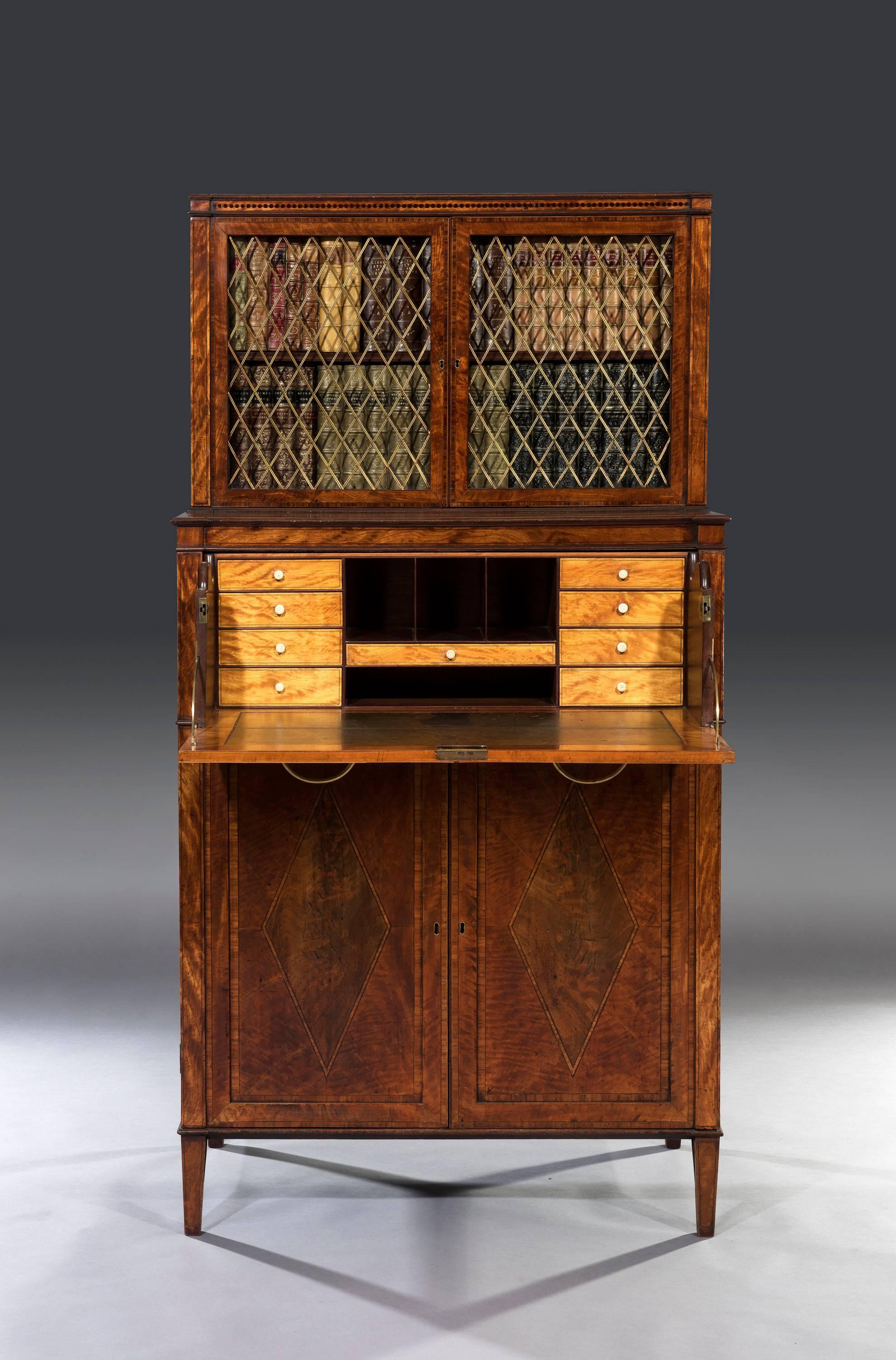 English George III Sheraton 18th Century Satinwood Inlaid Secrétaire Dwarf Bookcase For Sale