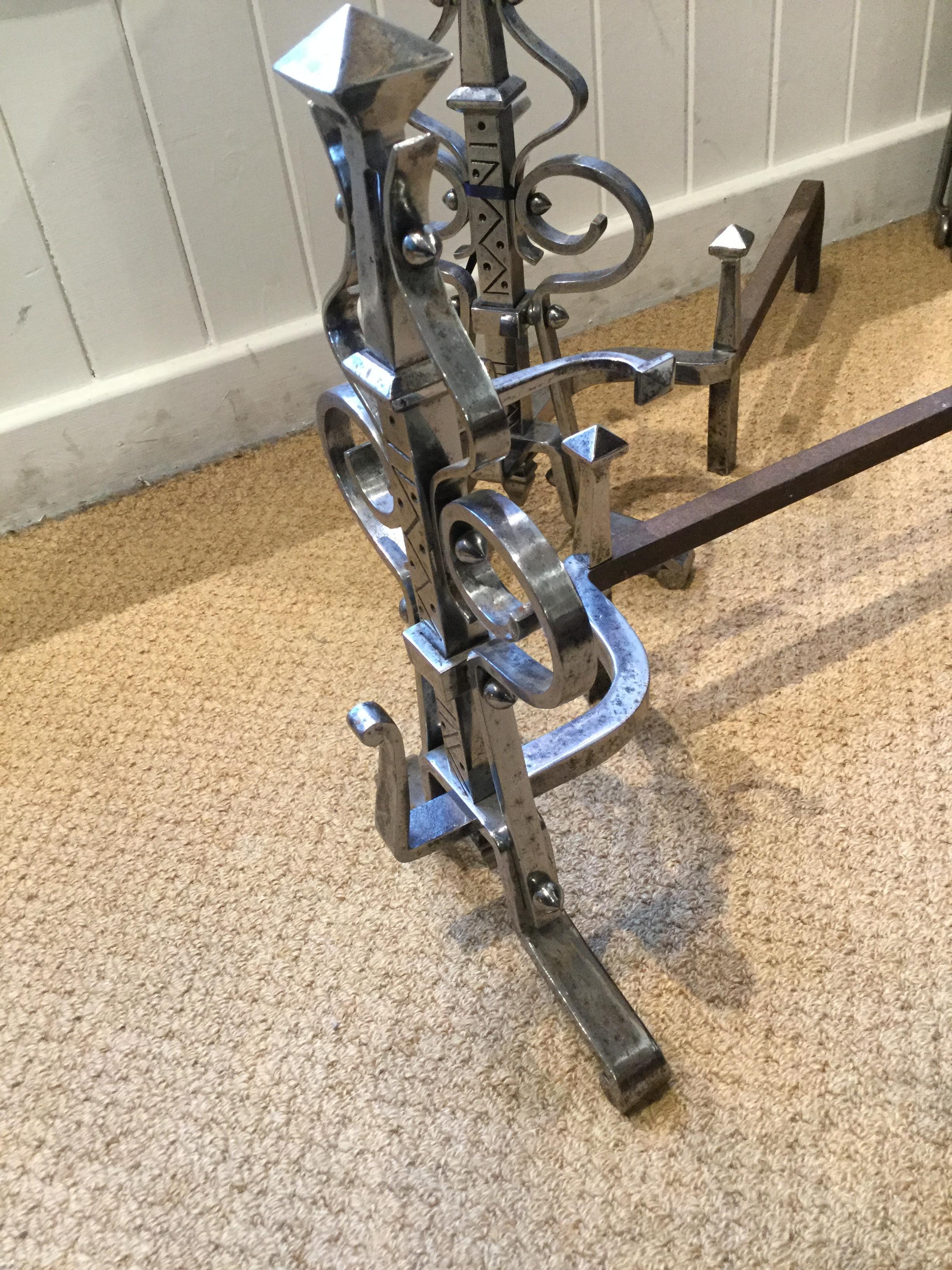 Pair of Late 19th Century Victorian Steel Aesthetic Movement Andirons In Good Condition For Sale In Bradford on Avon, GB
