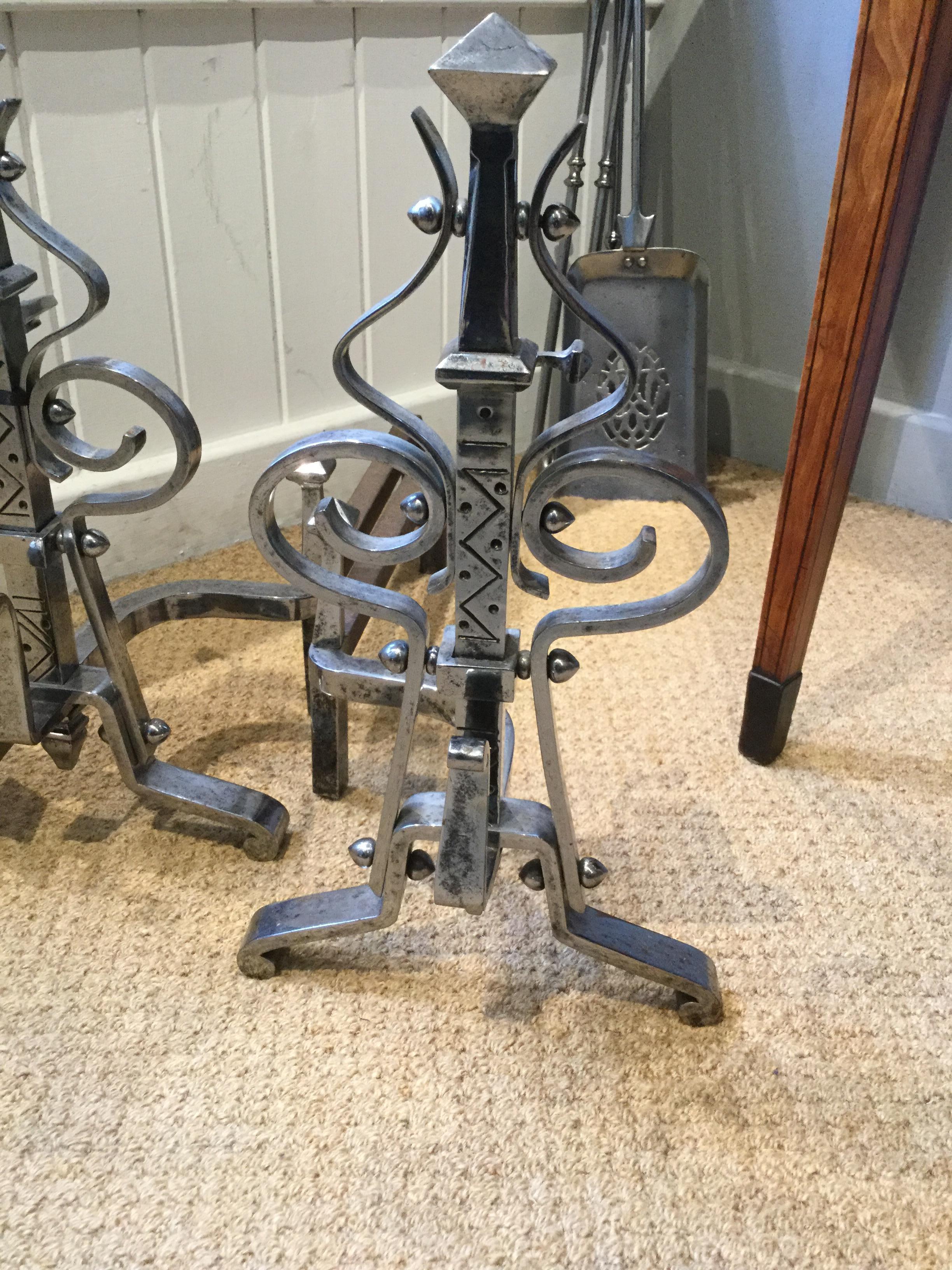 Late Victorian Pair of Late 19th Century Victorian Steel Aesthetic Movement Andirons For Sale