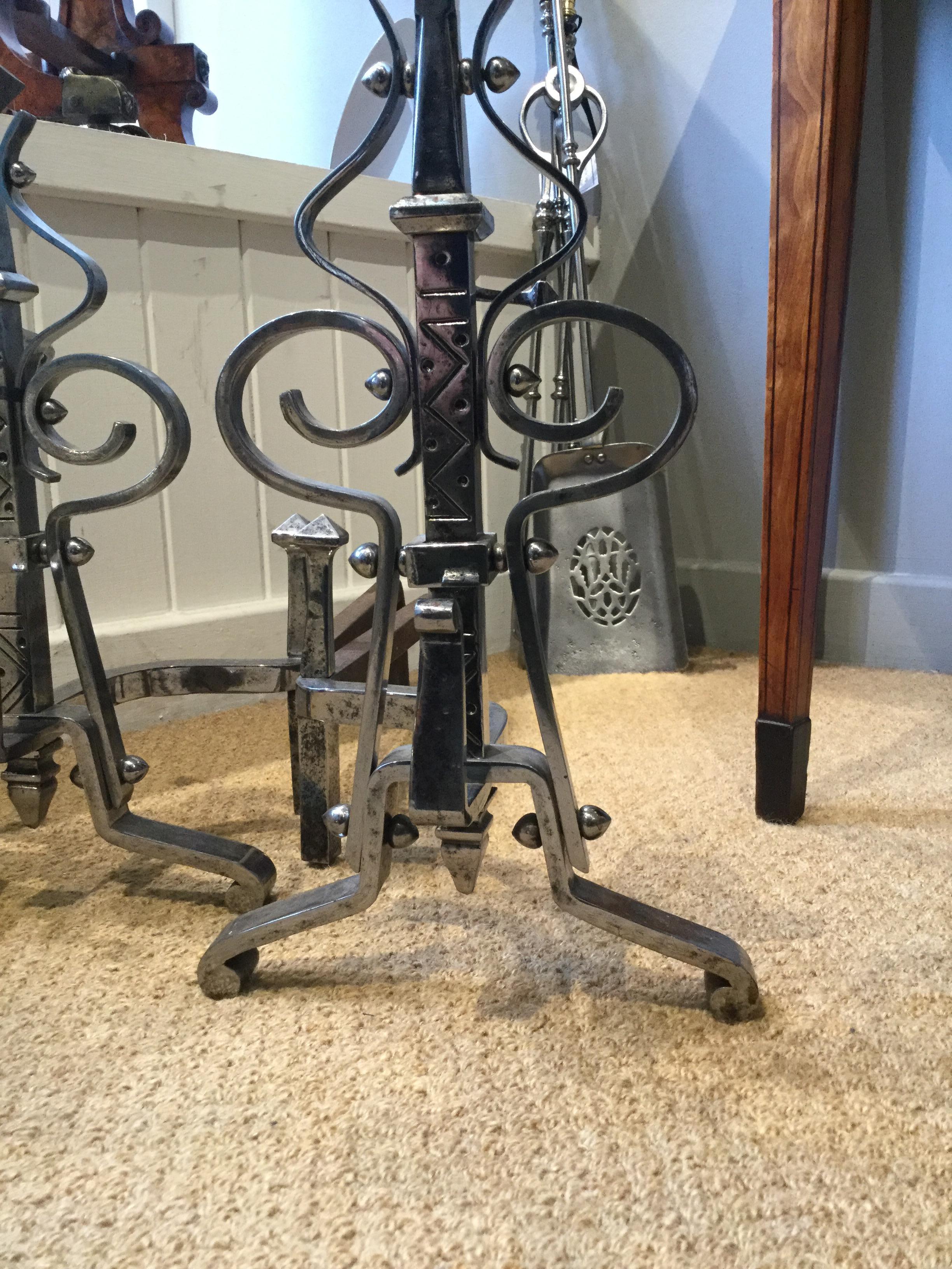 English Pair of Late 19th Century Victorian Steel Aesthetic Movement Andirons For Sale