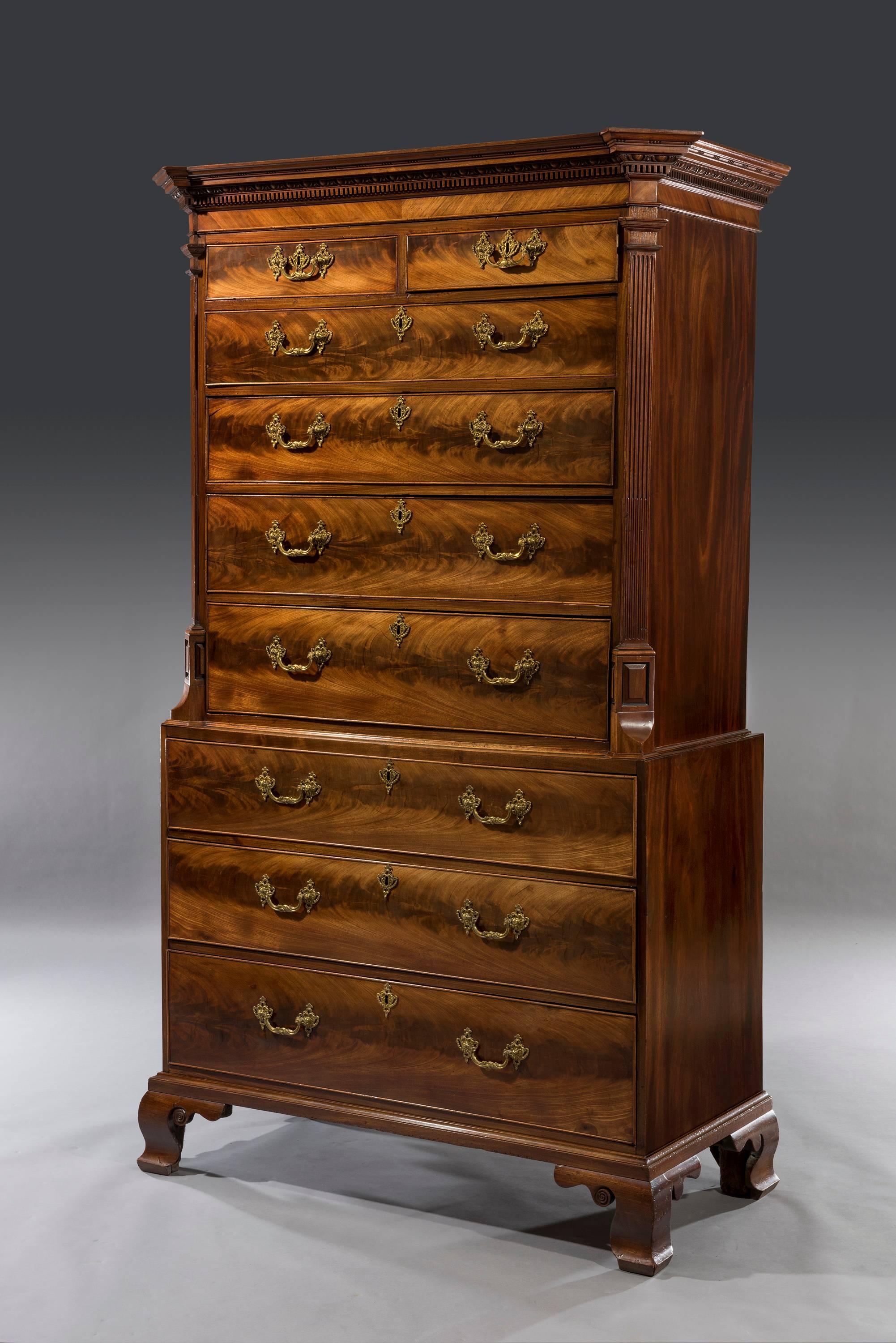 Chippendale Early George III 18th Century Period Carved Mahogany Chest on Chest For Sale