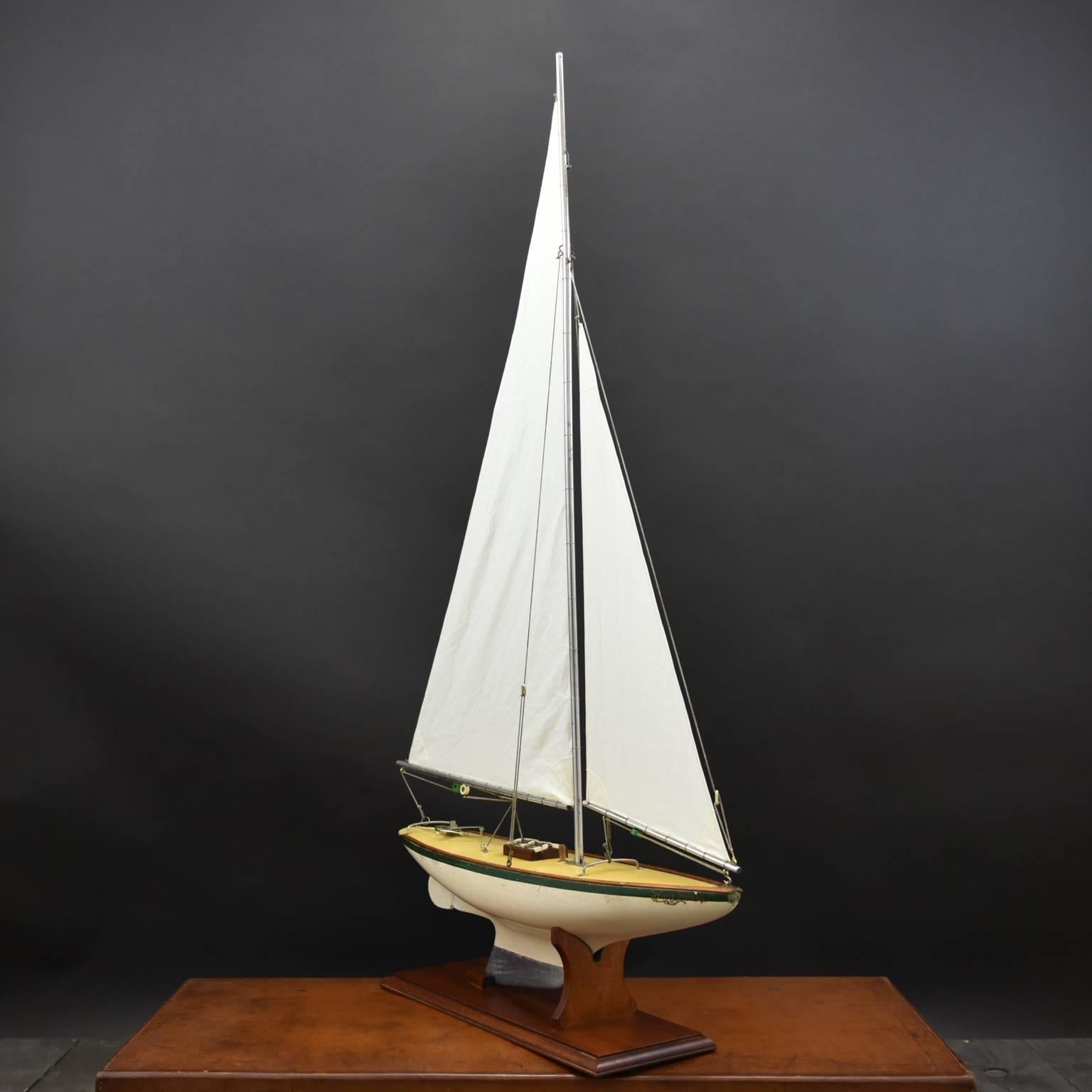 A splendid pond yacht, 'White Spray,' by Alexander for Bassett-Lowke. Has aluminium covered mast and boom, painted hull and a lead keel, circa 1930. Presented on a newly made wooden stand.
Alexander pond yachts are now accepted to have some of the
