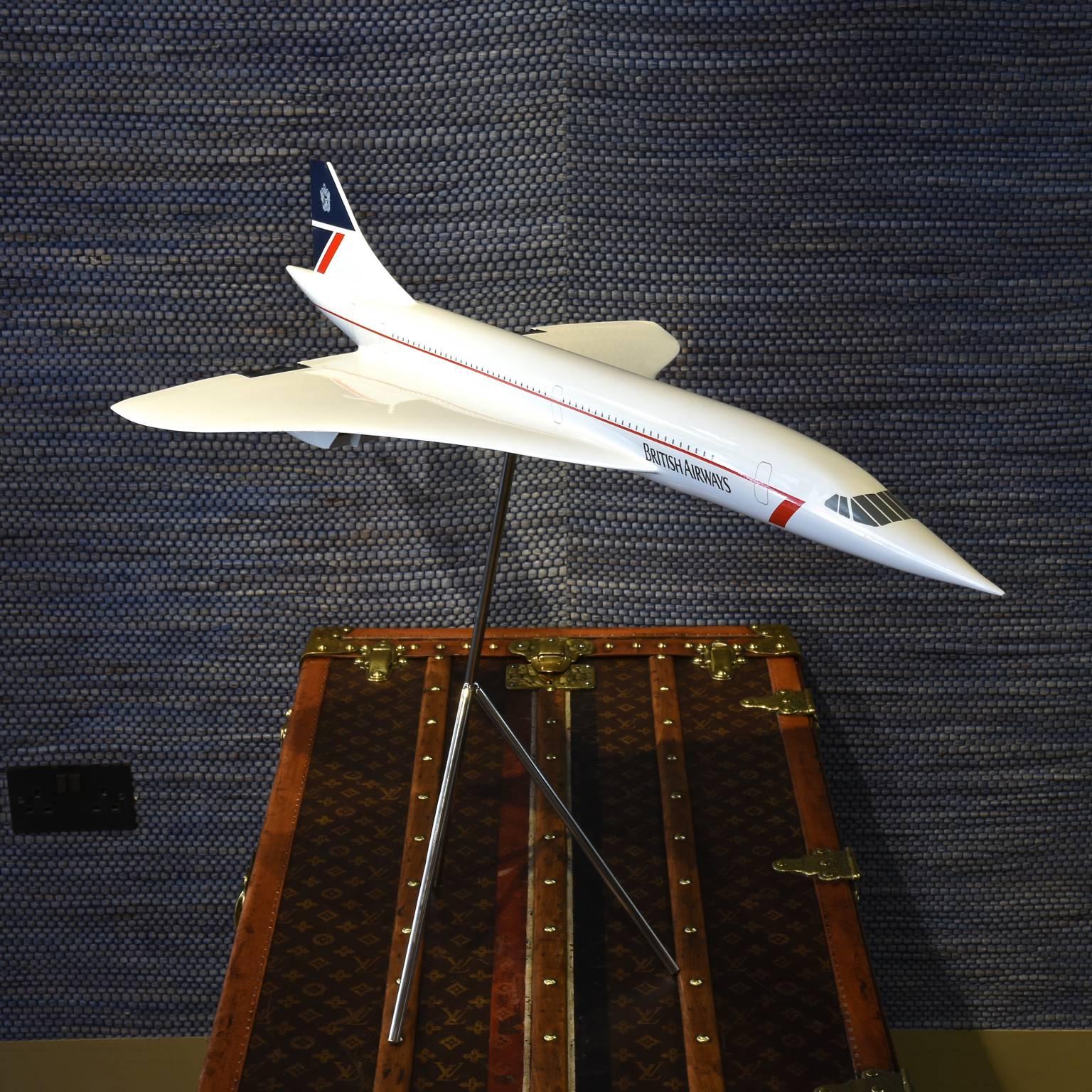 A wonderful quality 1:50 scale fibreglass and resin painted model Concorde in amazing condition, by renowned model makers Space Models, circa 1990. Decorated in BA’s 'Landor' livery design for the supersonic aircraft. Mounted on a later metal