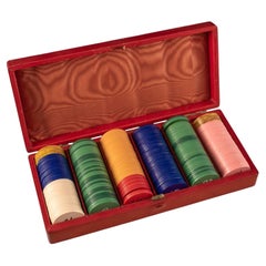 Gambling Chips in Original Red Leather Box, circa 1910.