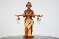 Pair of Hand-Carved Wooden Table Lamps, Italy, 1950s