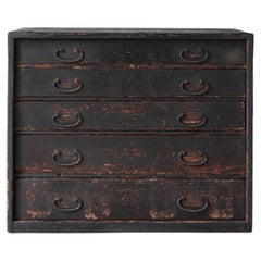 Japanese Antique Black Tansu Chest with Five Drawers / 1868-1912s / Wabi-Sabi
