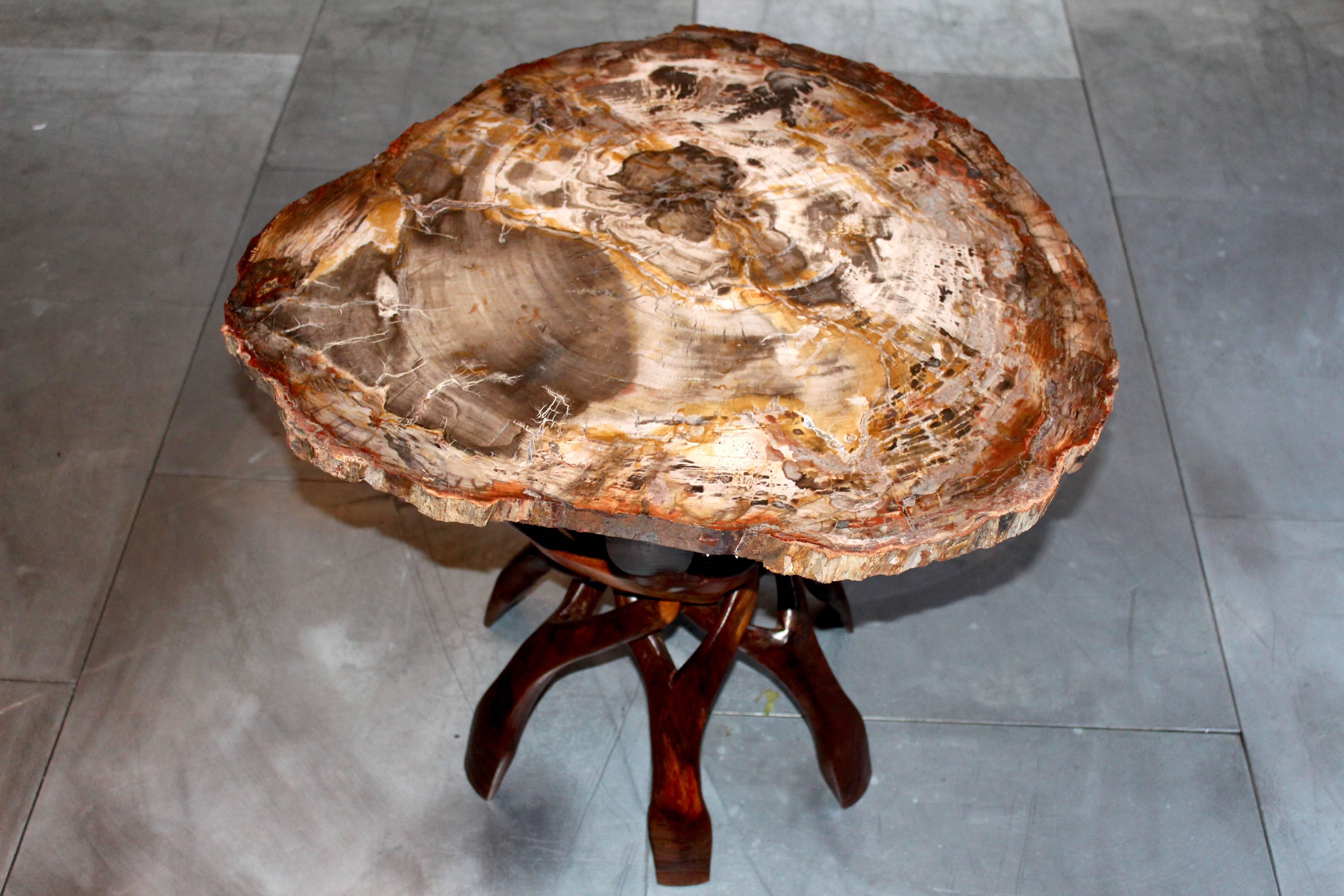 Petrified wood table with African rosewood foot.