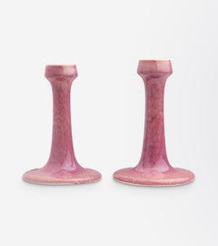 Ruskin Pottery Pair of Pink Glazed Candlesticks