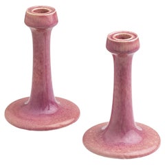 Ruskin Pottery Pair of Pink Glazed Candlesticks