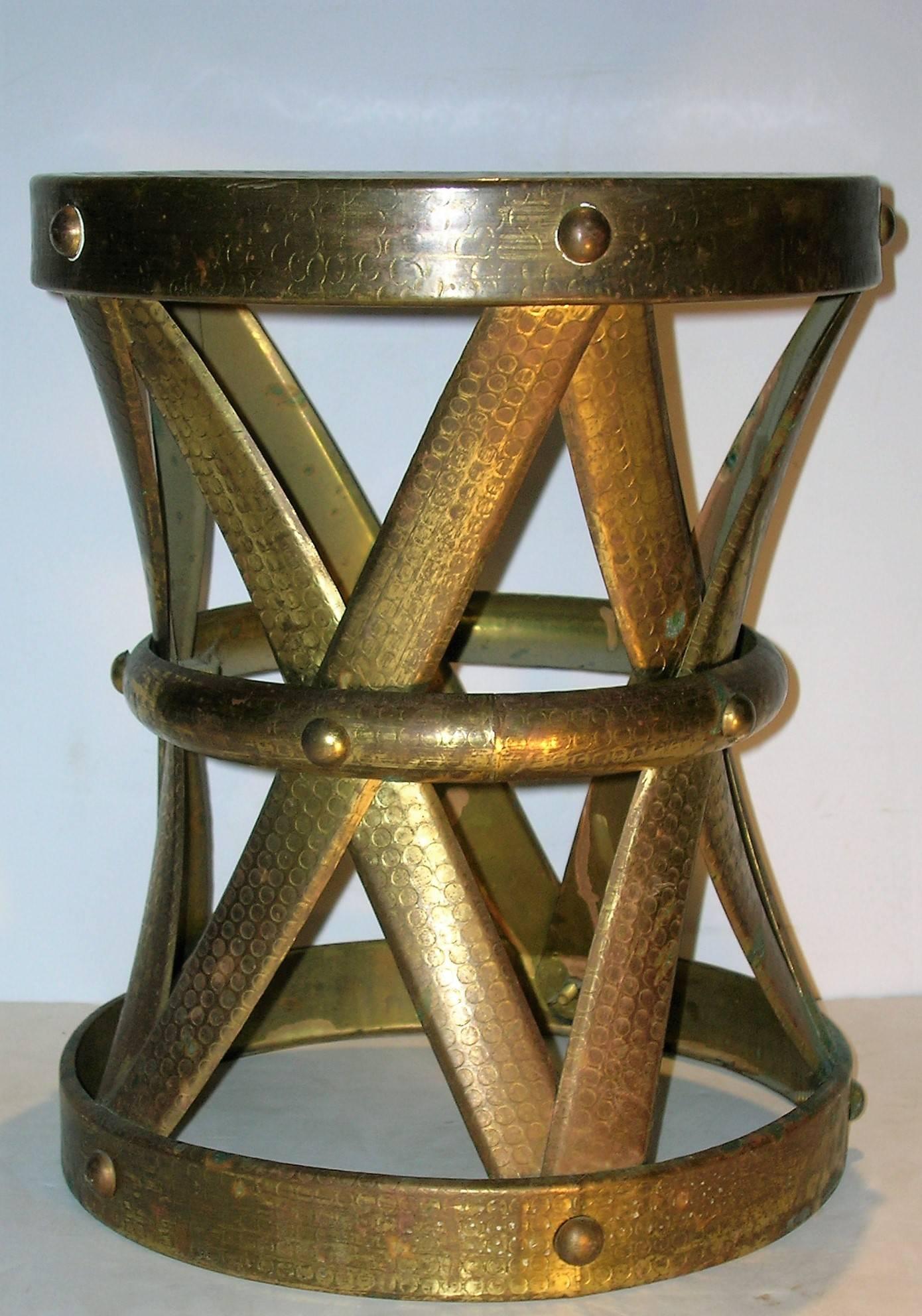 Patinated   Brass X Form Drum Stool Taboret