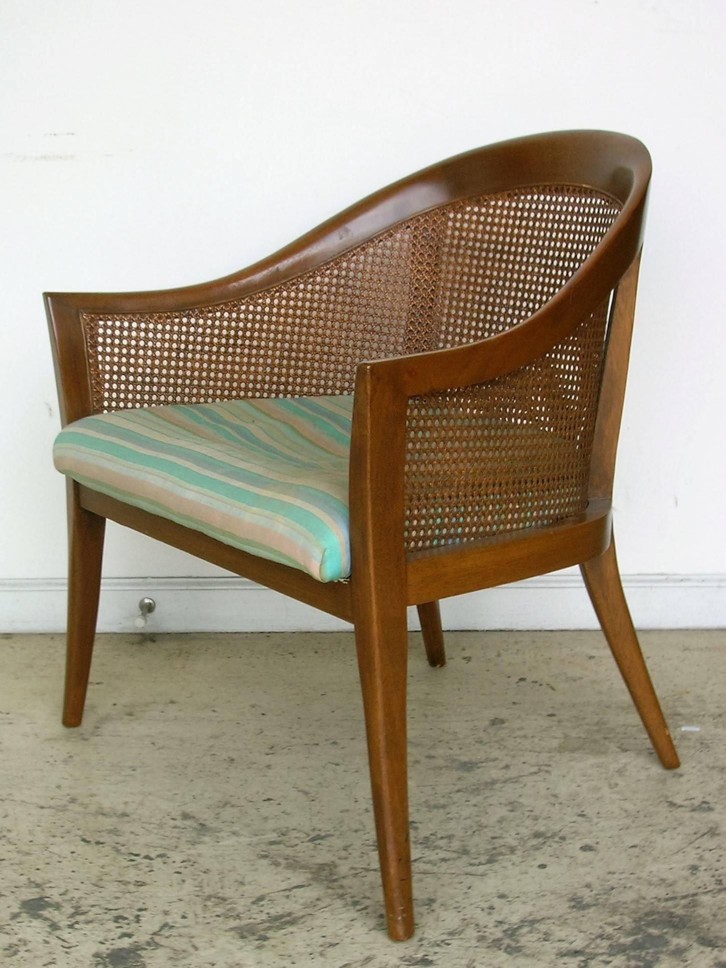 Harvey Probber designed walnut lounge chair in beautiful all over original finish to wood and cane. Circa 1950 - 1960. Look at all pictures and read condition report in comment section.