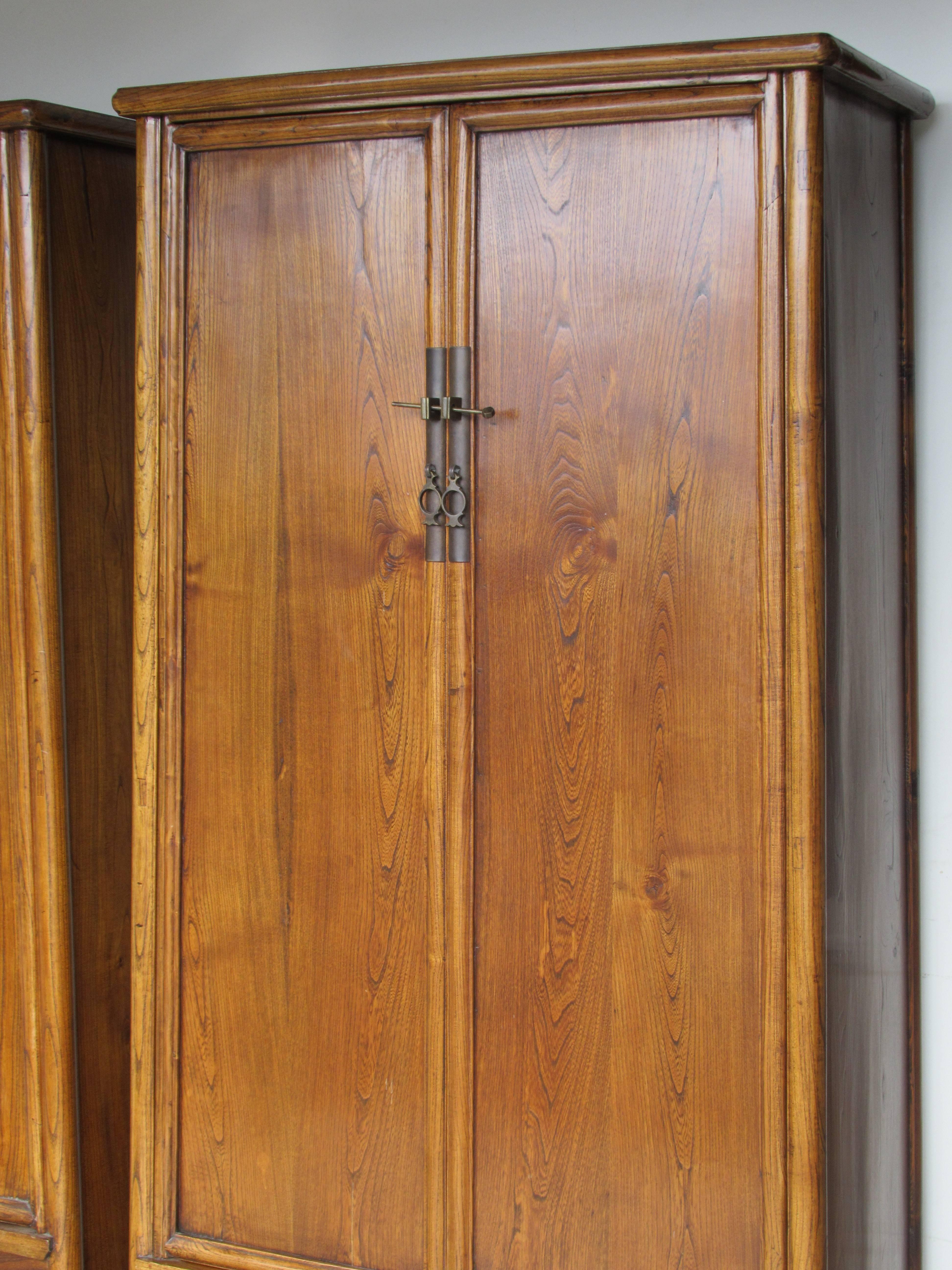 Pair of Antique Chinese Hardwood Tapered Two-Door Cabinets In Good Condition In Rochester, NY