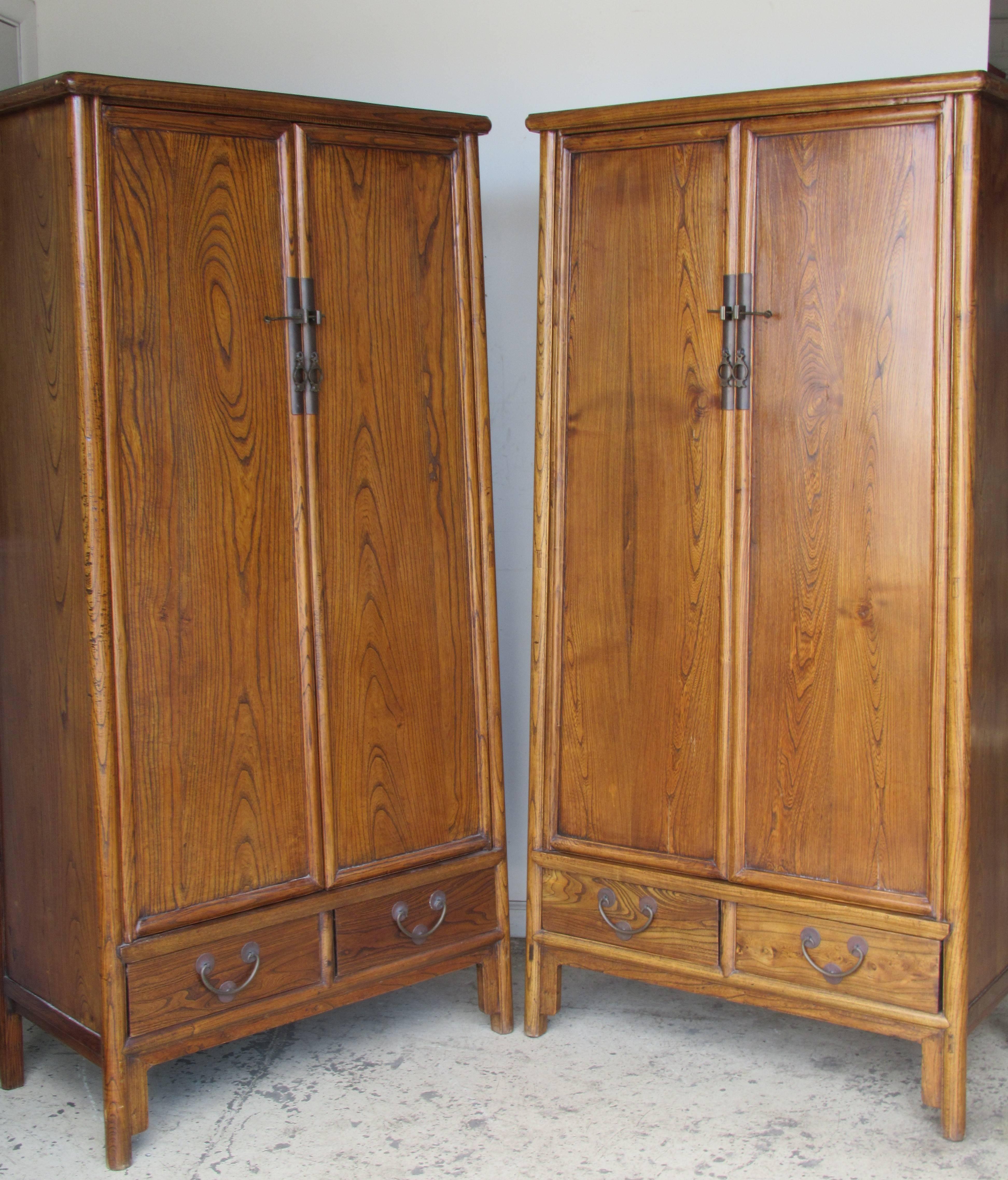 19th Century Pair of Antique Chinese Hardwood Tapered Two-Door Cabinets