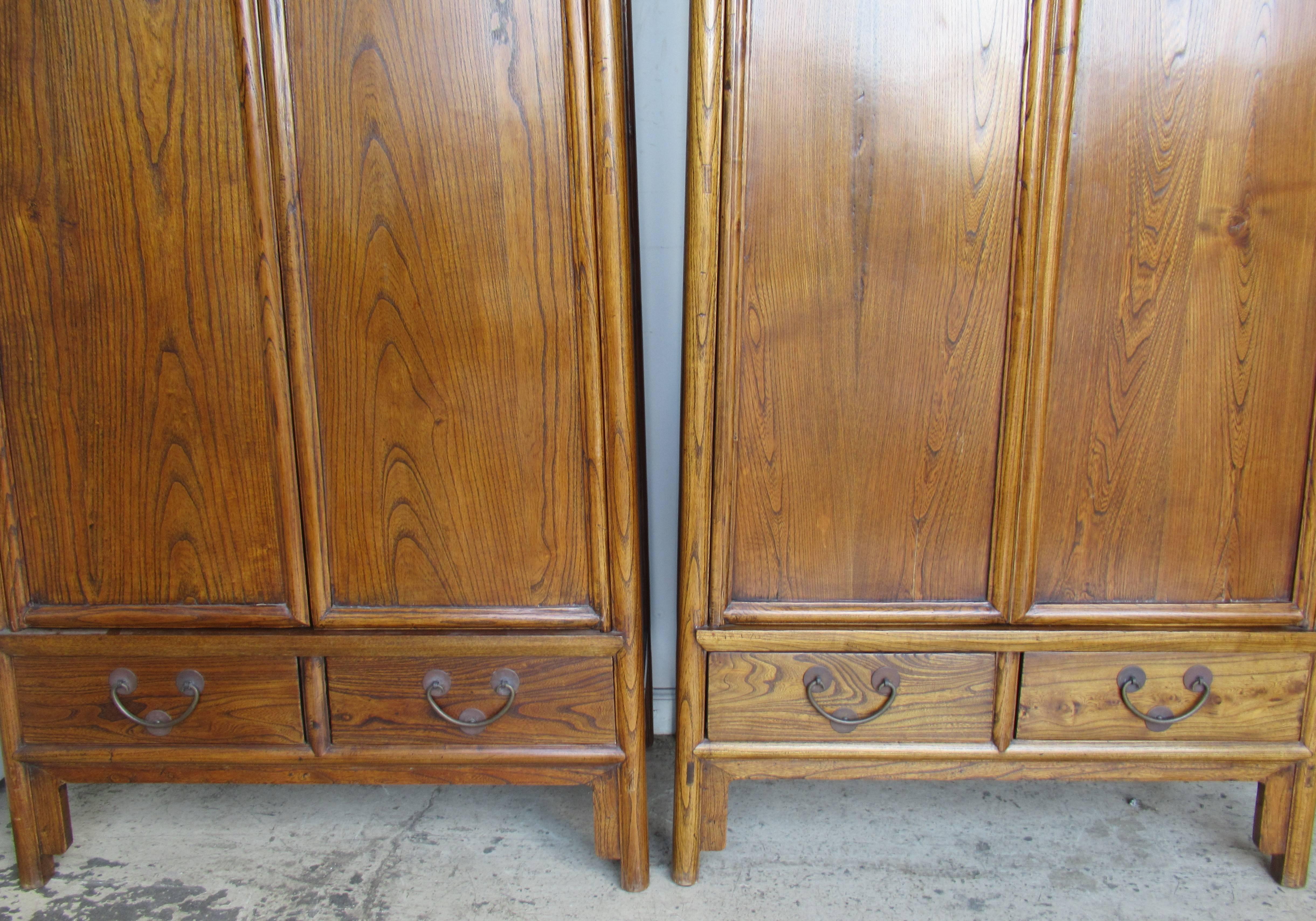 Brass Pair of Antique Chinese Hardwood Tapered Two-Door Cabinets
