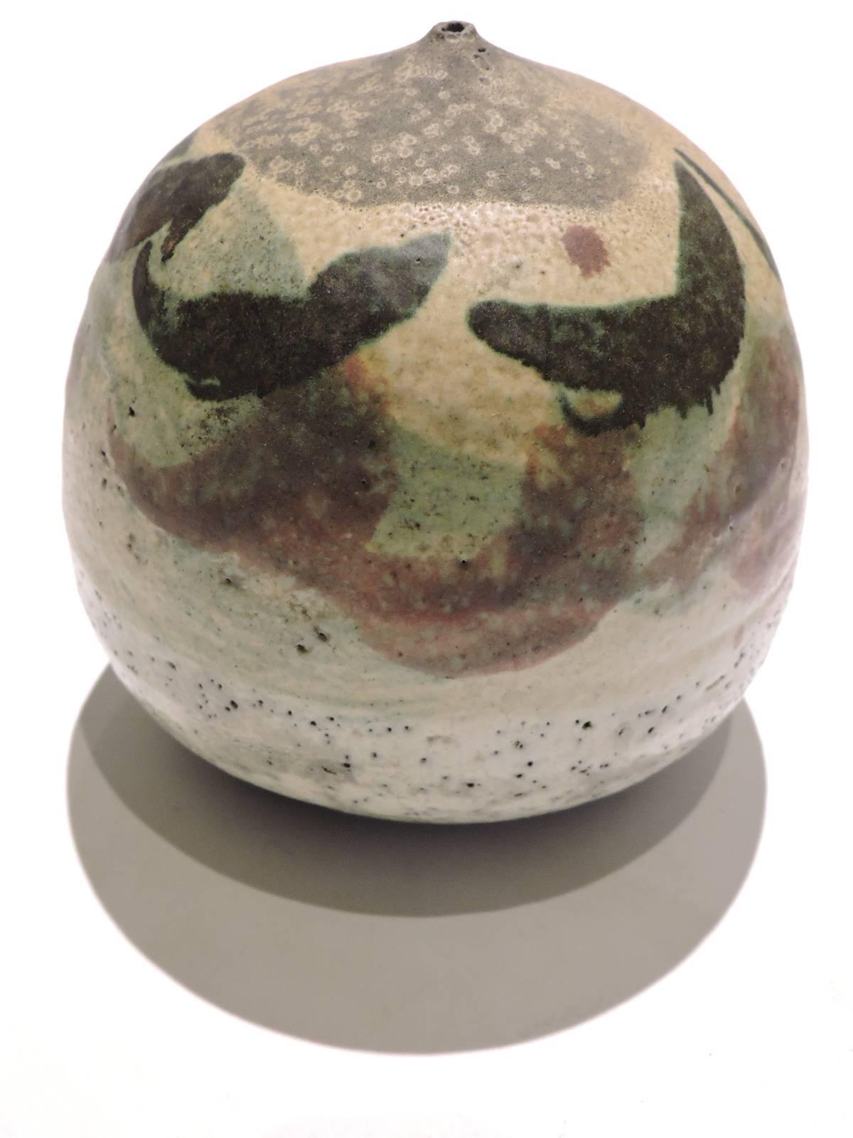 Two American studio Raku Pottery bulbous form weed pot vessels signed Nancy Jurs 1973 - both pieces in great vintage condition with a beautiful rich iridesence to glaze
