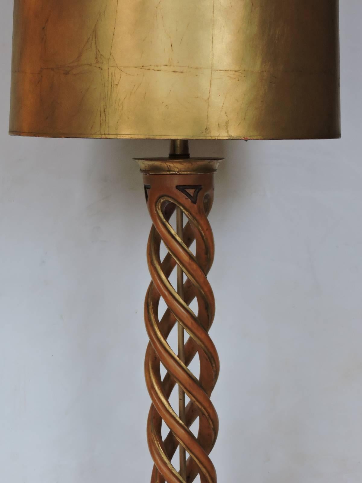 A tall spiral helix lamp by Frederick Cooper Studios attributed to James Mont with beautifully aged color to wood and gilding. Great all original condition.