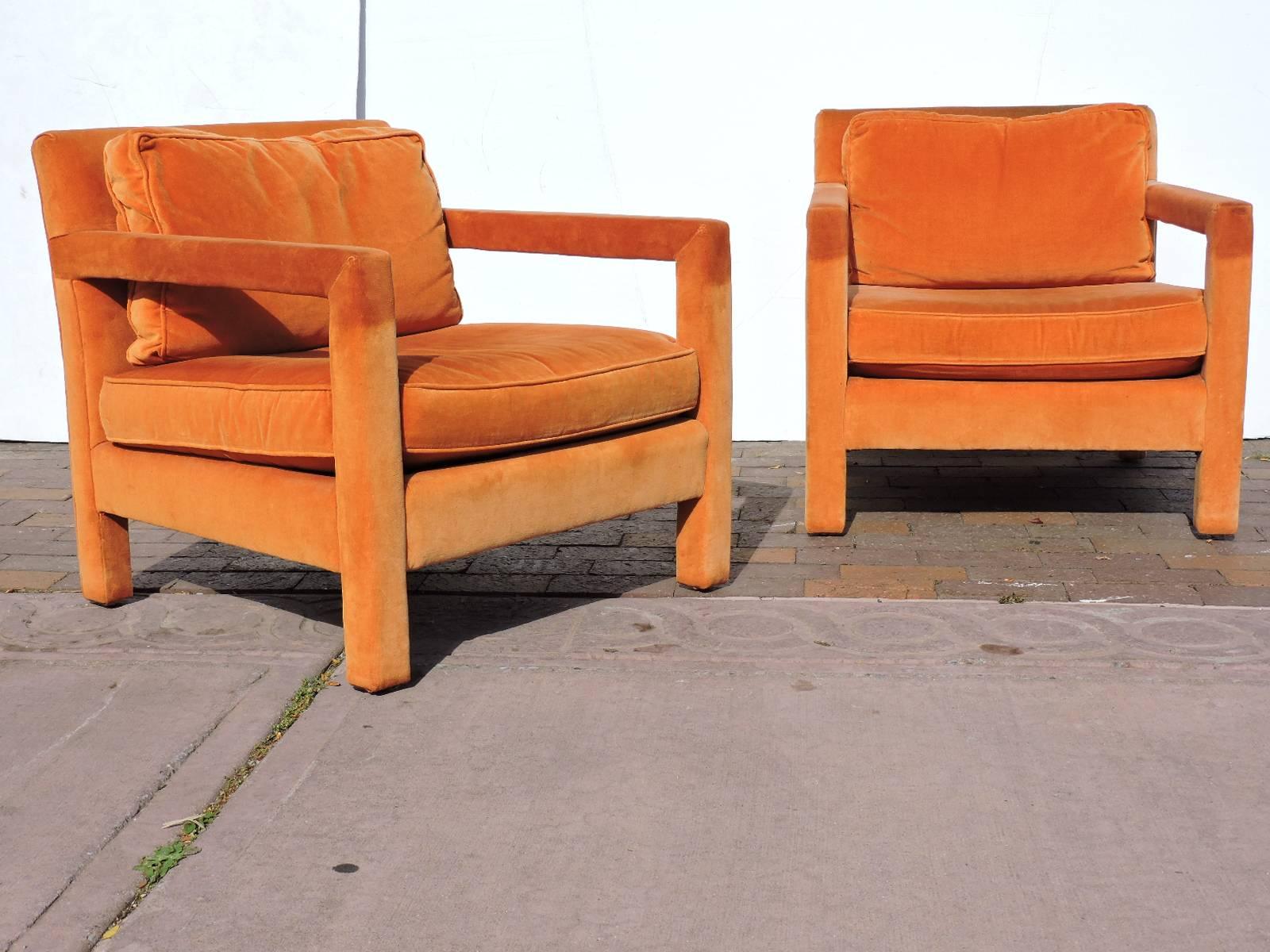 Mid-Century Modern Orange Upholstered Parsons Lounge Chairs in the style of Milo Baughman 