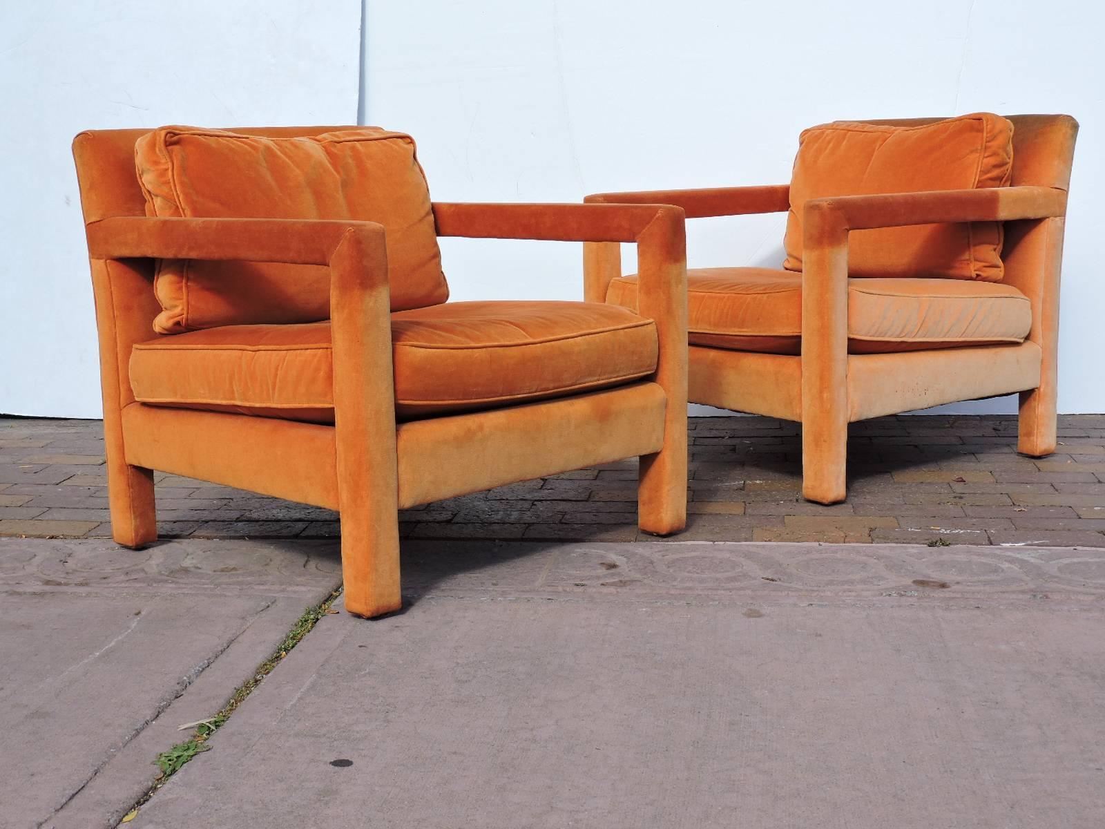 American Orange Upholstered Parsons Lounge Chairs in the style of Milo Baughman 