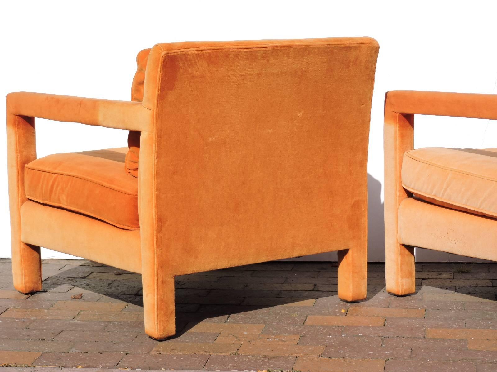 20th Century Orange Upholstered Parsons Lounge Chairs in the style of Milo Baughman 