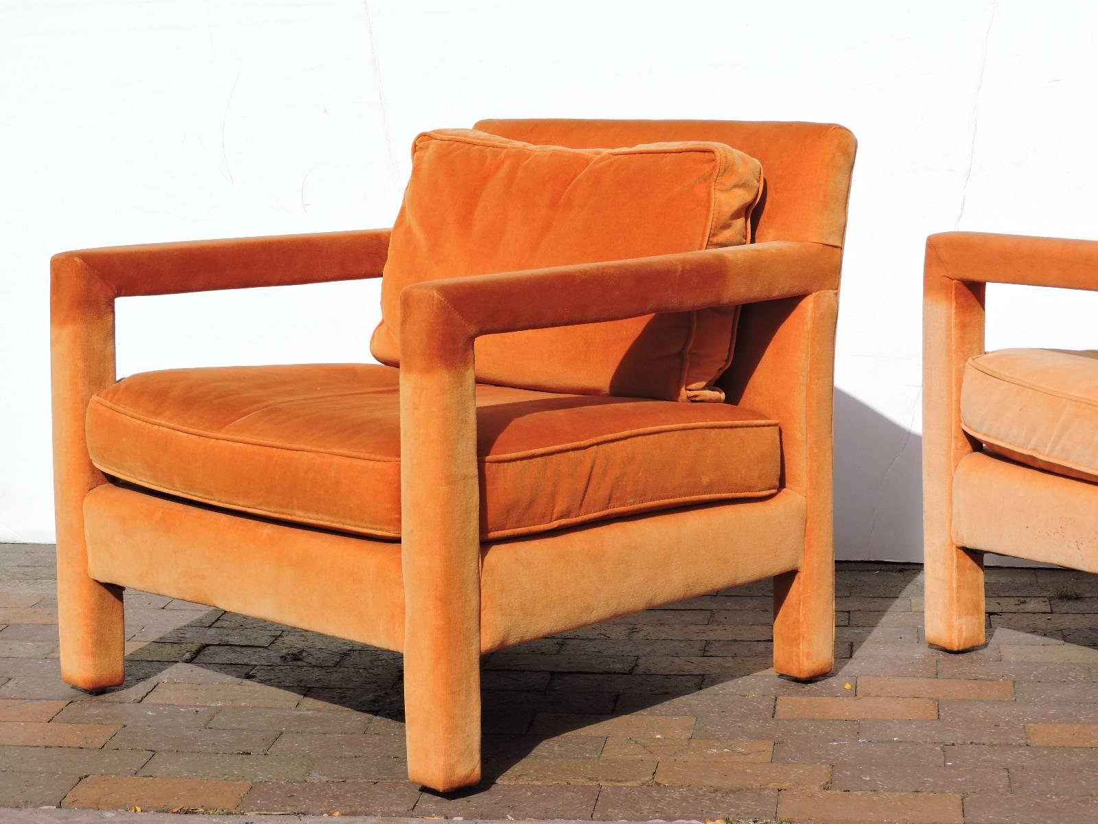 Orange Upholstered Parsons Lounge Chairs in the style of Milo Baughman  2