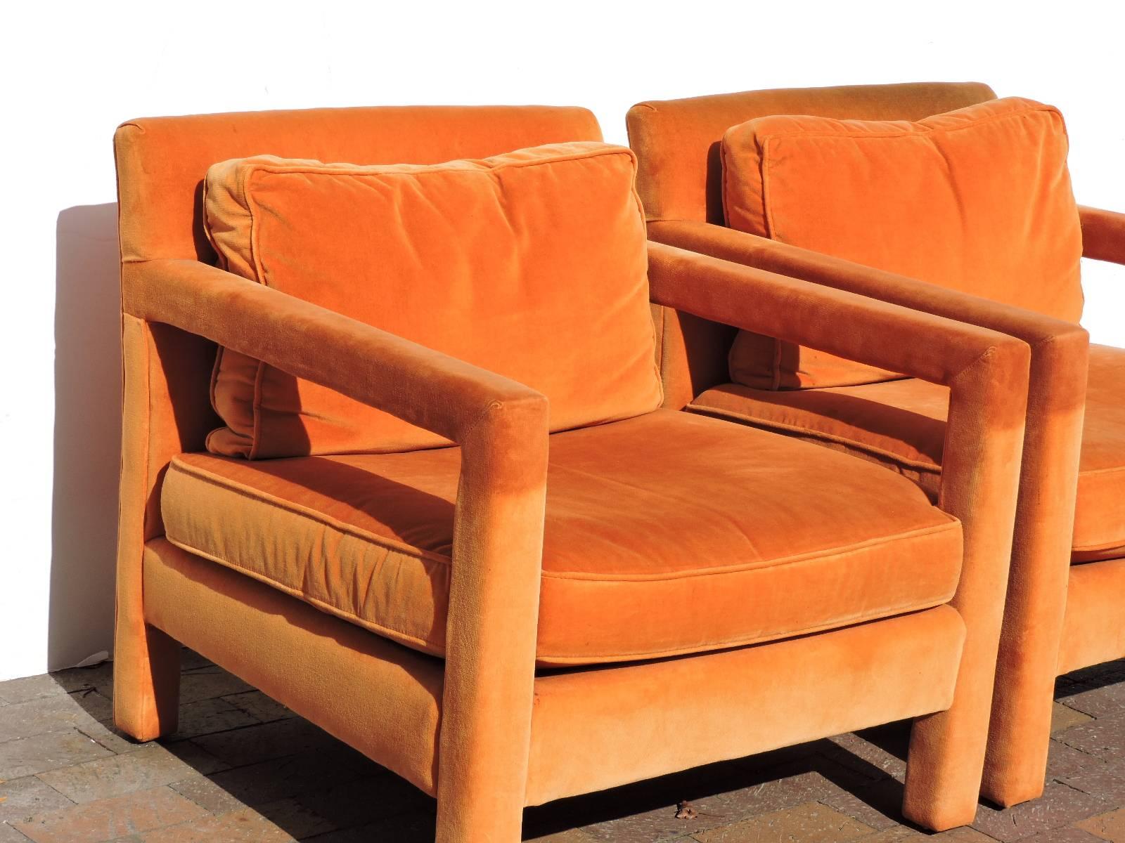 Orange Upholstered Parsons Lounge Chairs in the style of Milo Baughman  3