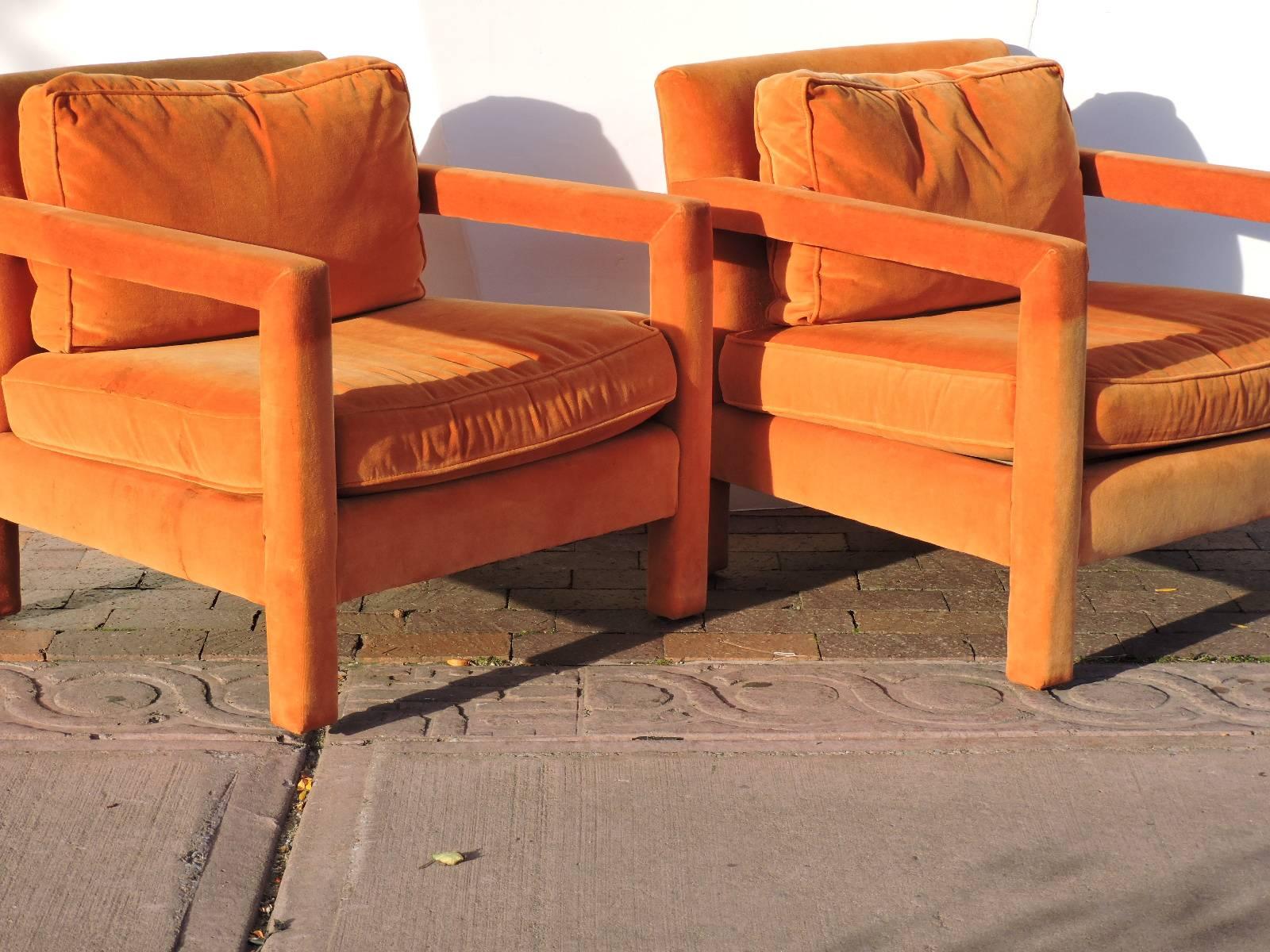 Orange Upholstered Parsons Lounge Chairs in the style of Milo Baughman  4