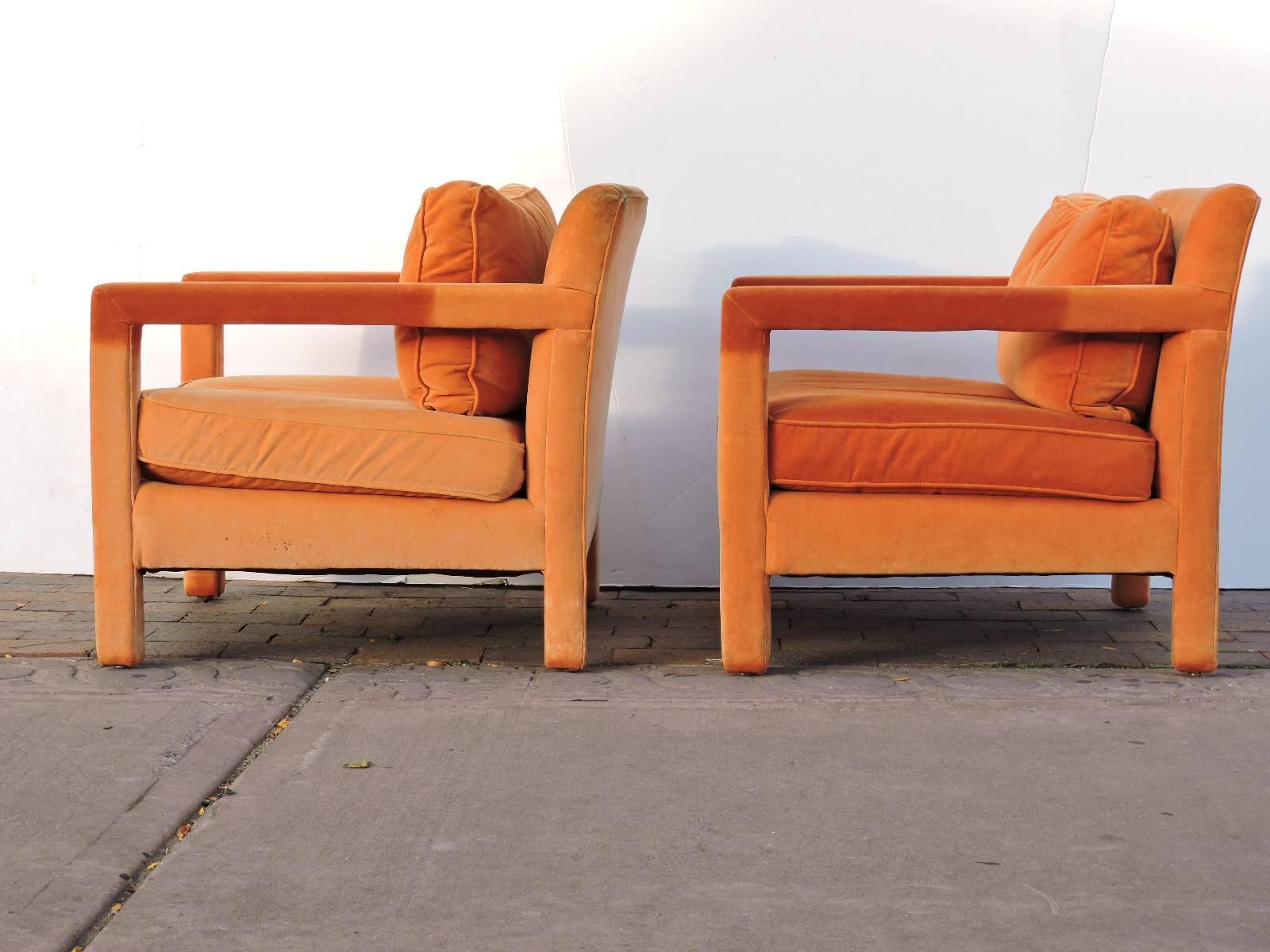 Orange Upholstered Parsons Lounge Chairs in the style of Milo Baughman  1