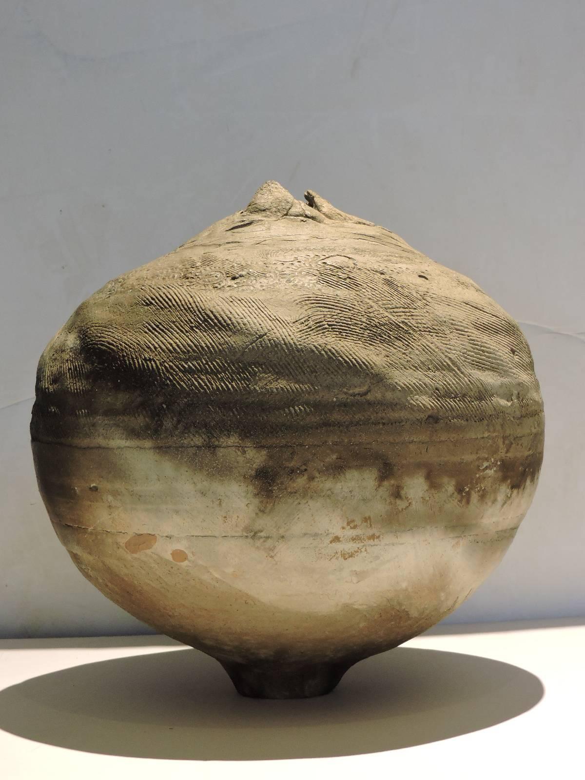 Hand-Crafted Large Organic Raku Pottery Ovoid Vessel