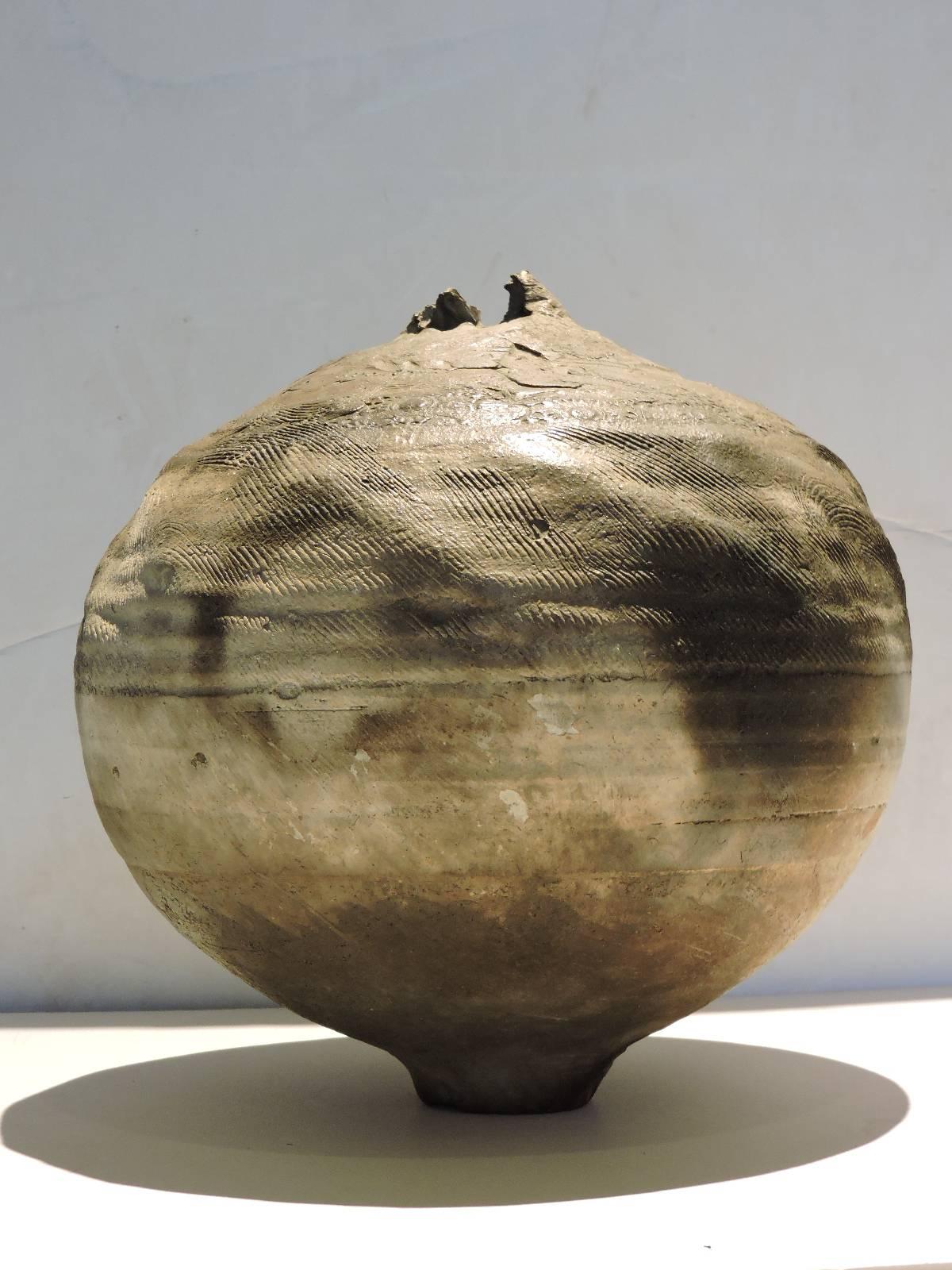 20th Century Large Organic Raku Pottery Ovoid Vessel